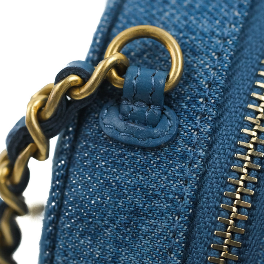 Chanel Quilted Pearl Crush Round Clutch With Chain Denim Aged Gold Hardware