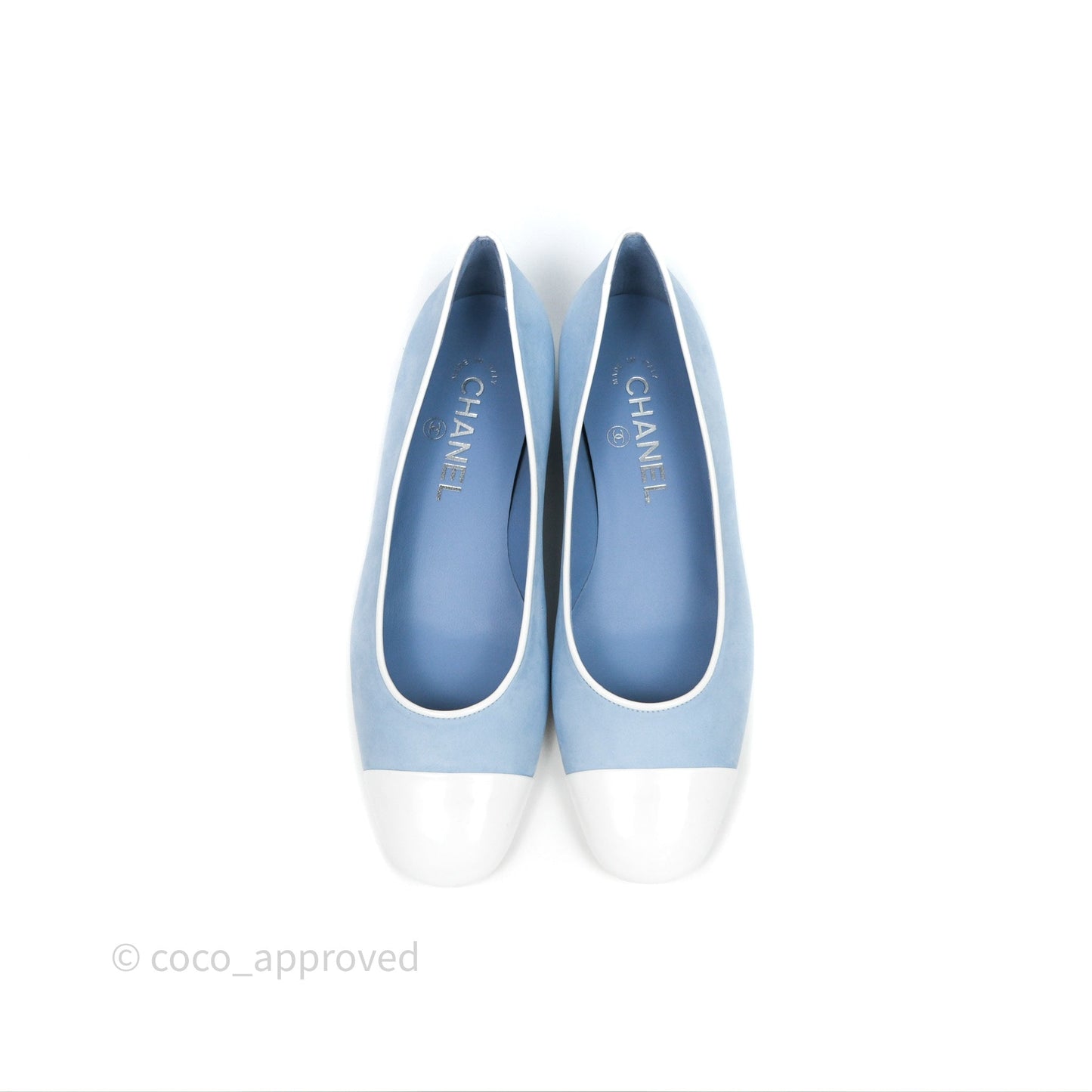 Chanel White Toe Pointed Light Blue Ballerinas With Chain Size 37