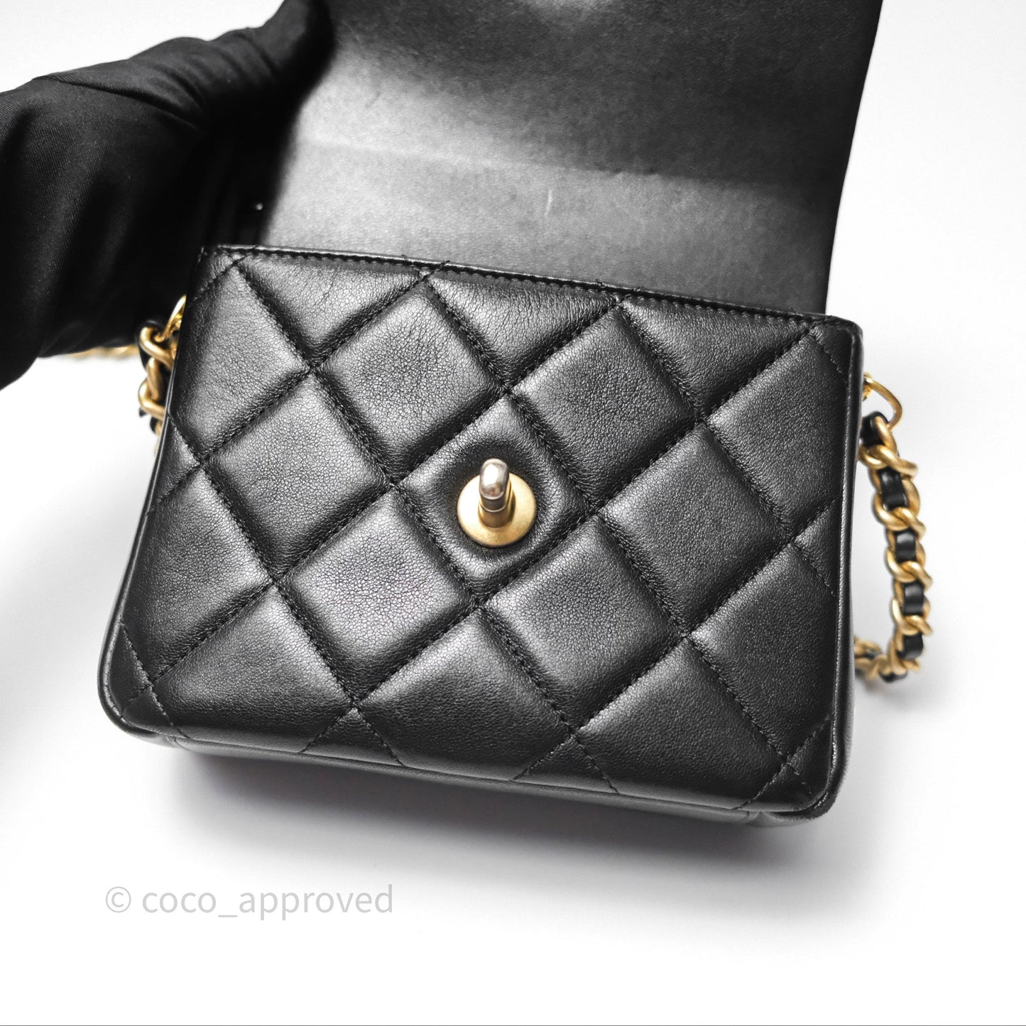 Chanel Logo Mini Square Flap Bag Black Lambskin Aged Gold Hardware 21B