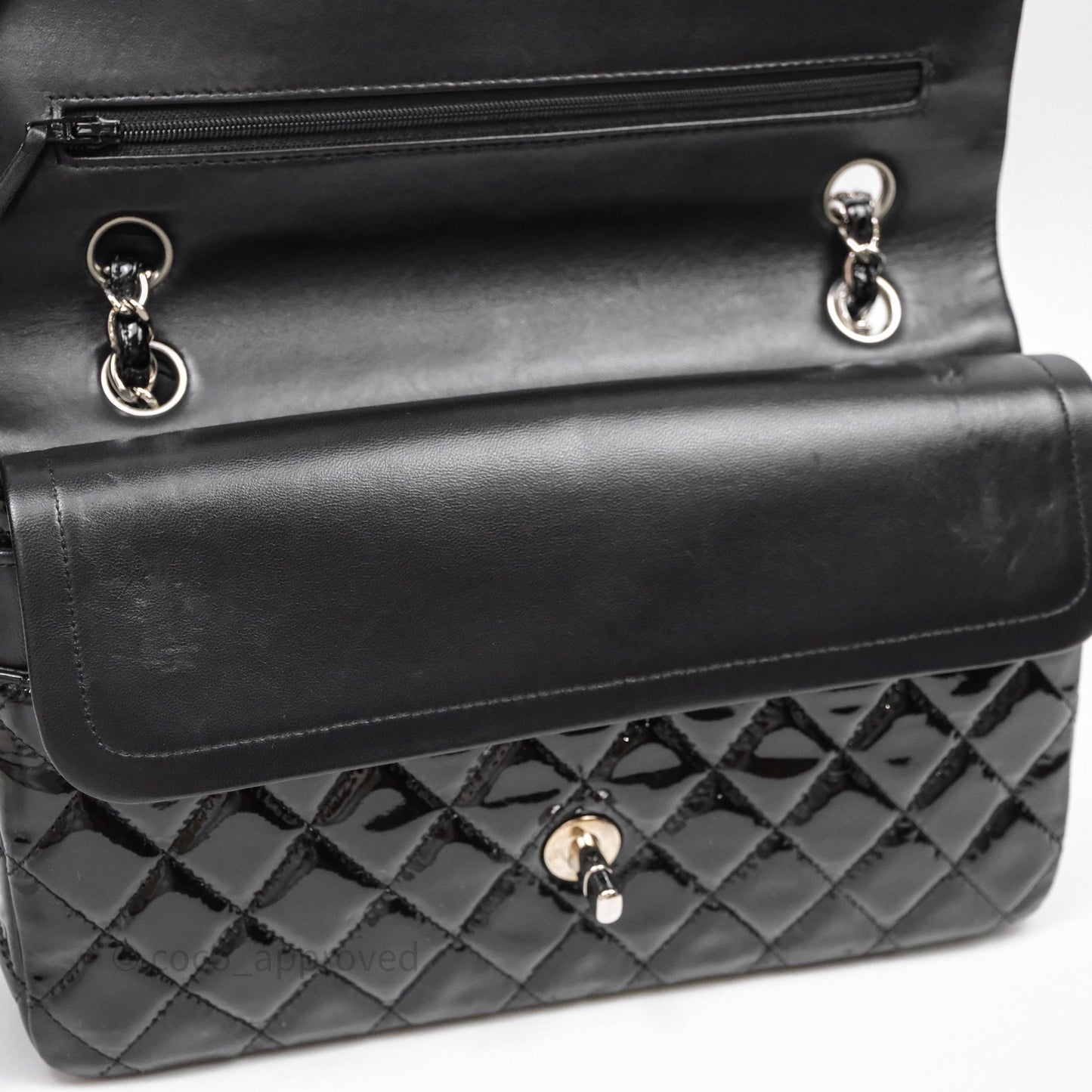 Chanel Medium Classic Flap Quilted Black Patent Silver Hardware