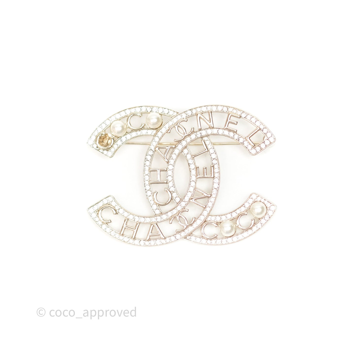 Chanel Coco CC Crystal Pearl Brooch Gold Tone 24V