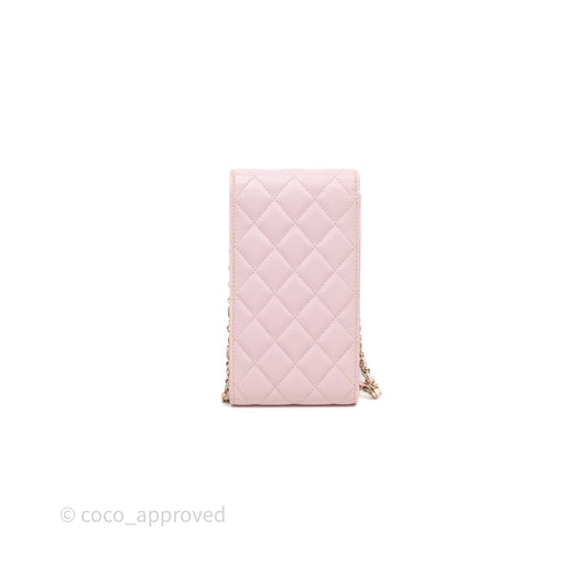 Chanel Quilted Crystal CC Pink Caviar Airpods Phone Case With Chain Light Gold Hardware