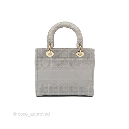 Christian Dior Medium Lady D-Lite Bag Gray Cannage Embroidery Gold Hardware