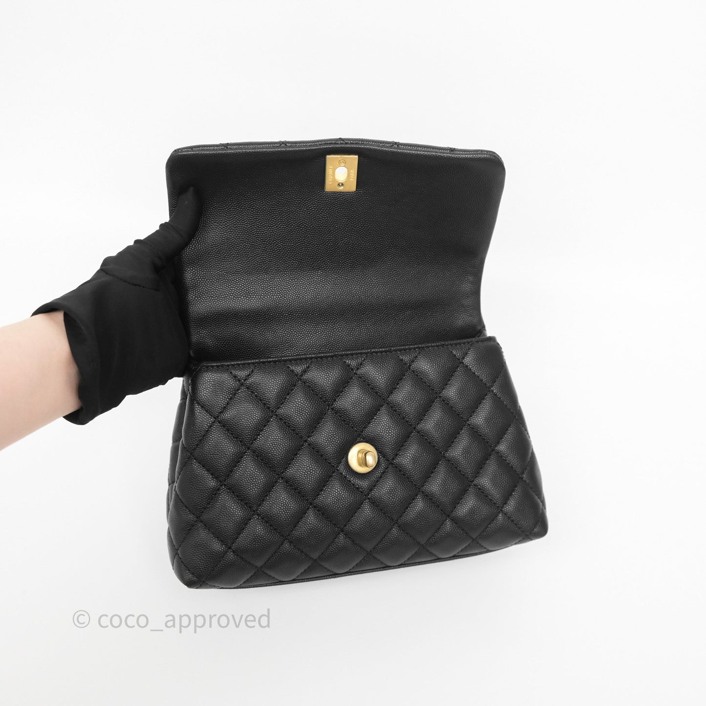 Chanel Small Coco Handle Quilted Black Caviar Aged Gold Hardware Lizard Handle