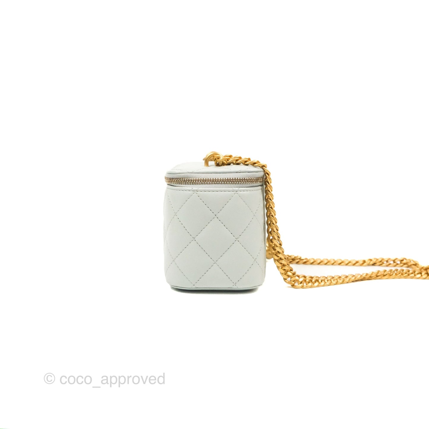 Chanel Quilted Vanity Rectangular with Camellia Adjustable Chain Light Blue Lambskin 23S
