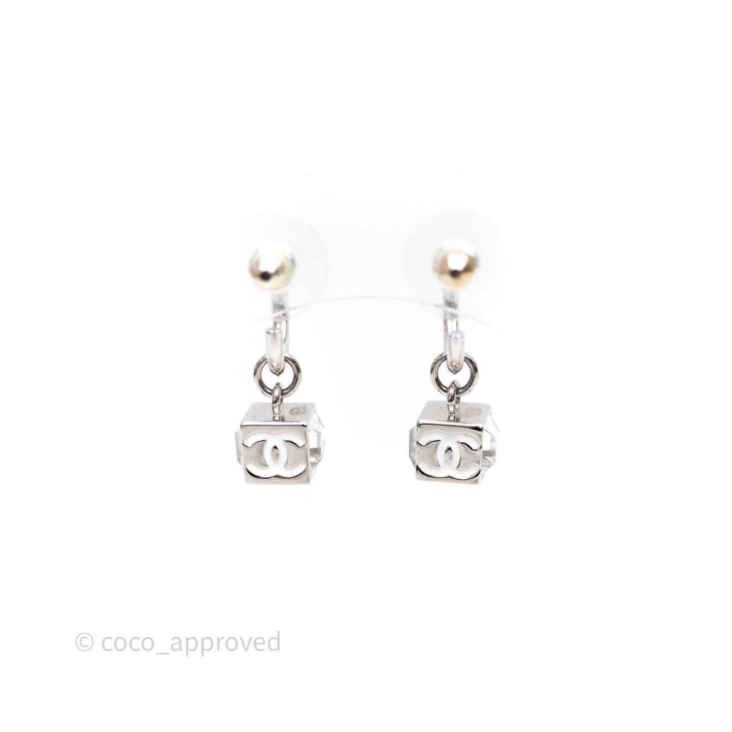 Chanel CC Crystal Square Drop Earrings Silver Tone 25C