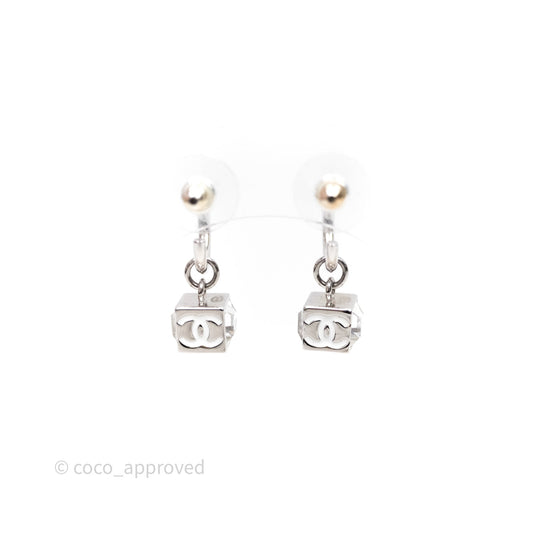 Chanel CC Crystal Square Drop Earrings Silver Tone 25C