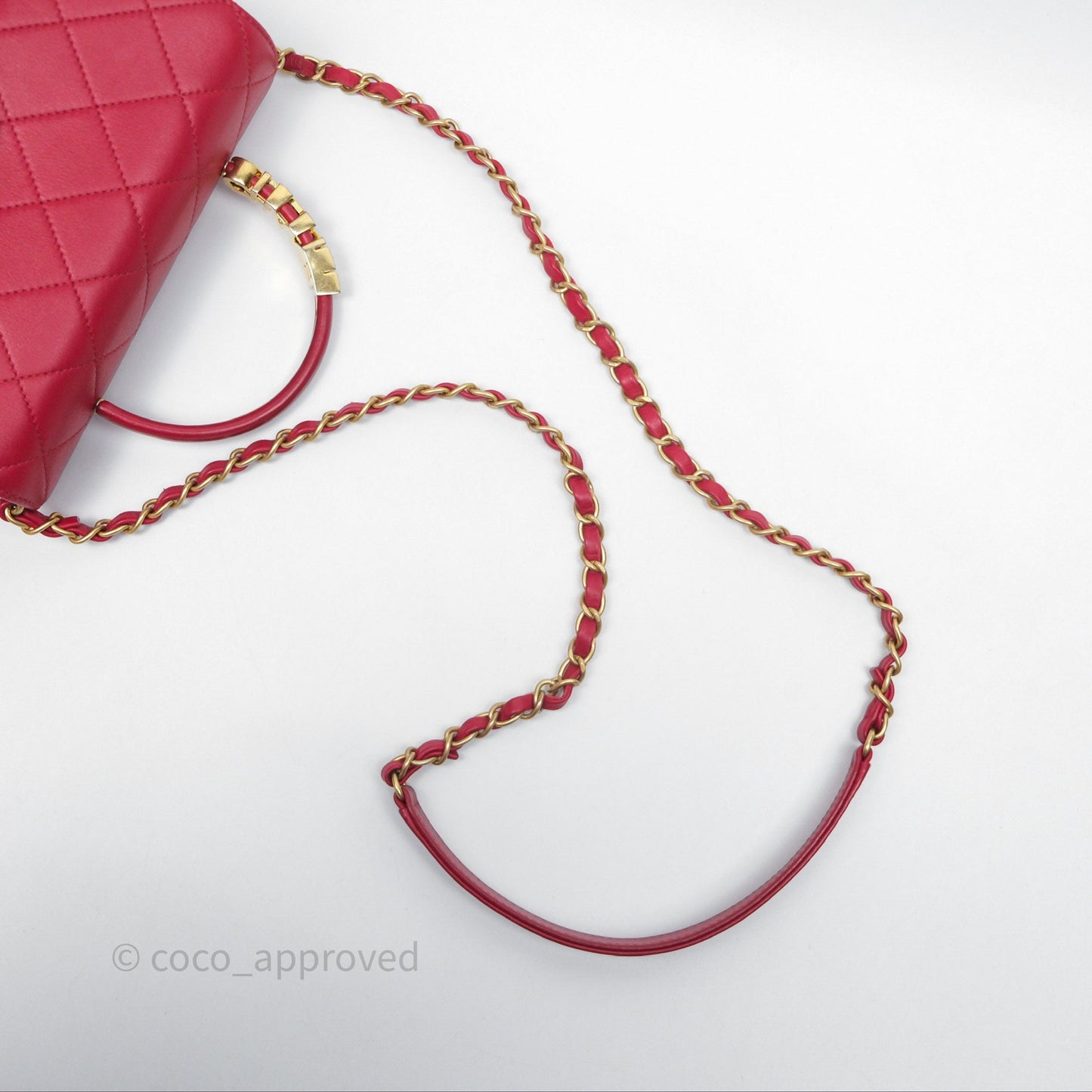 Chanel Quilted Flap Bag  with Pearl Logo Top Handle Red Lambskin Aged Gold Hardware