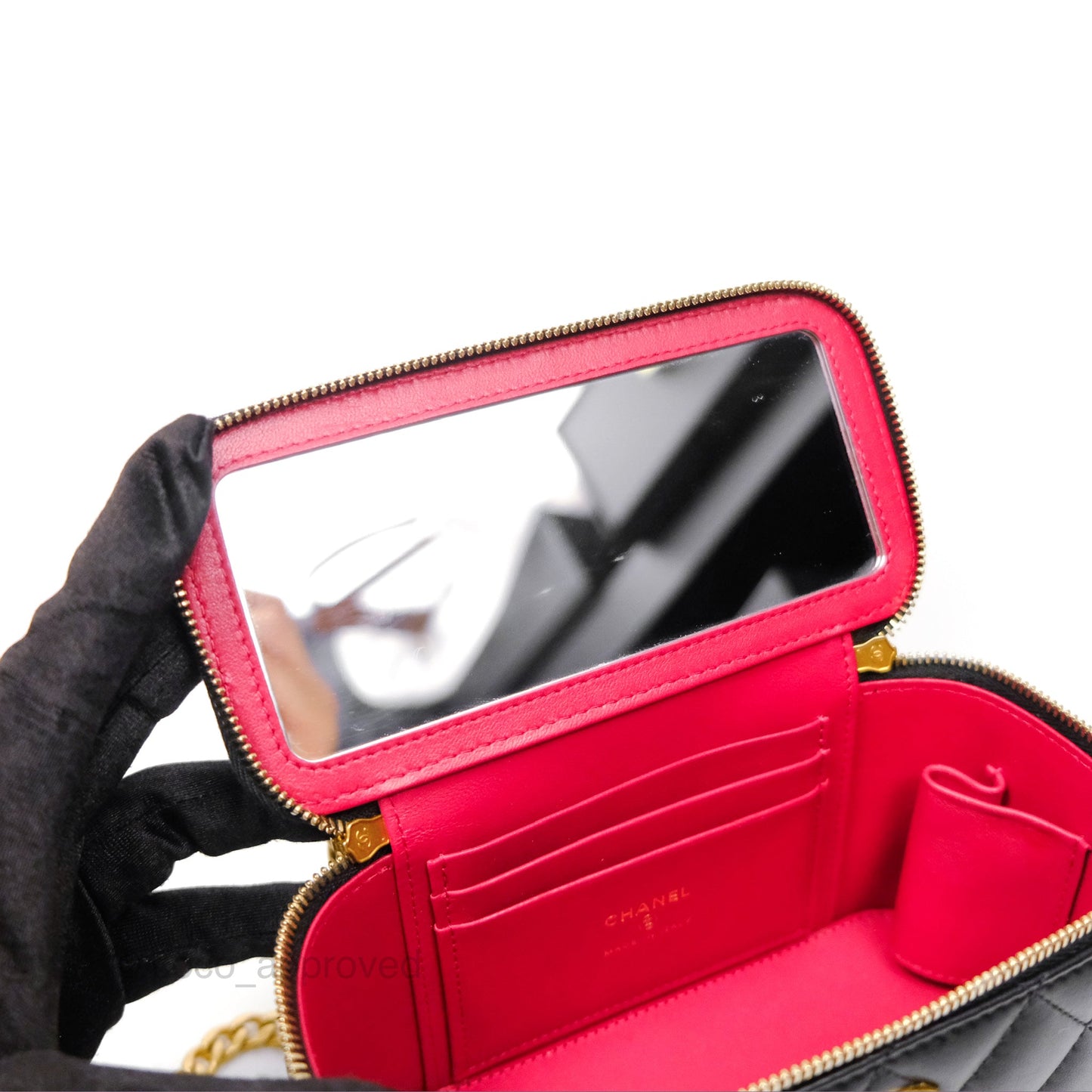 Chanel Quilted Vanity Rectangular with Camellia Adjustable Chain Black Lambskin 23S