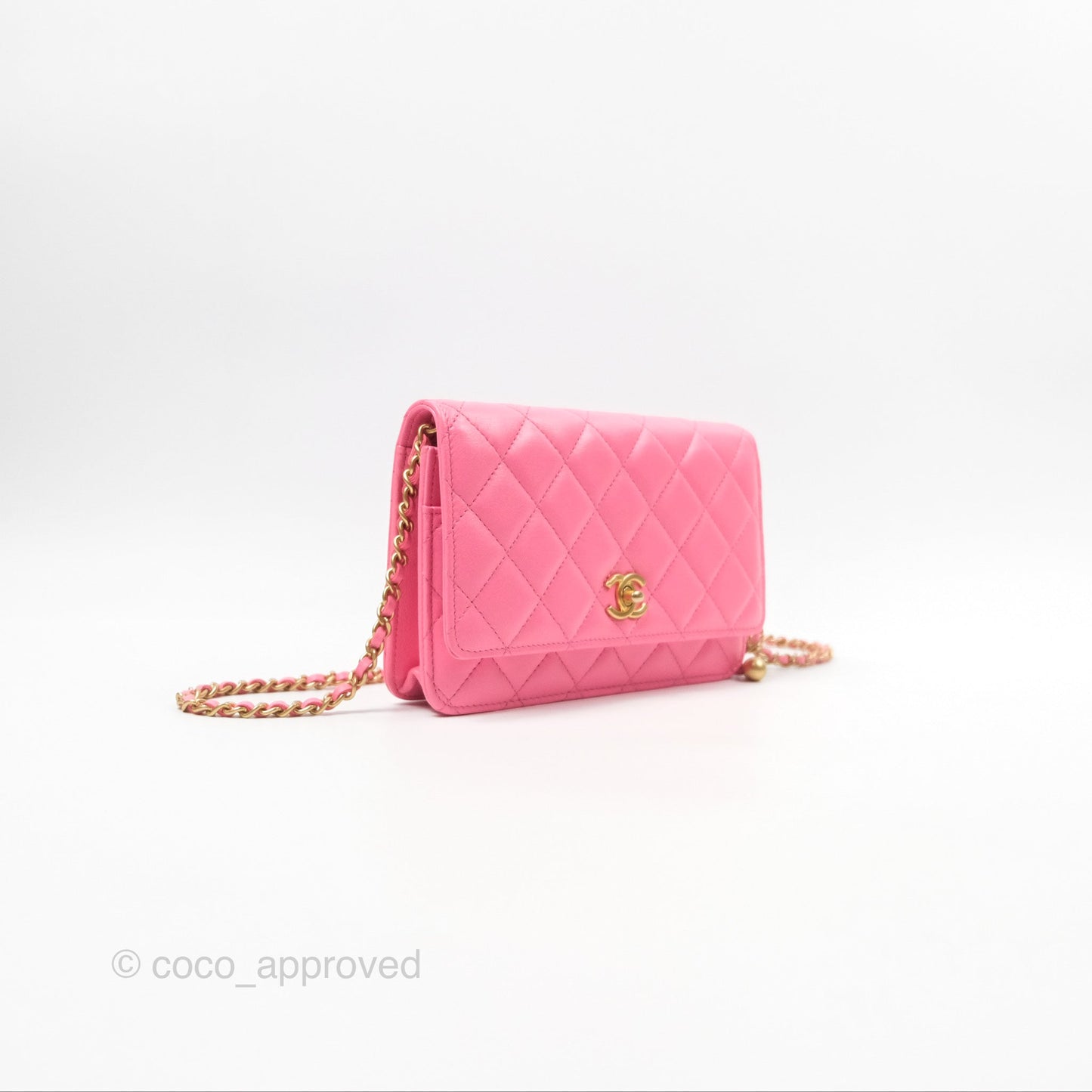 Chanel Quilted Pearl Crush Wallet on Chain WOC Pink Lambskin Aged Gold Hardware