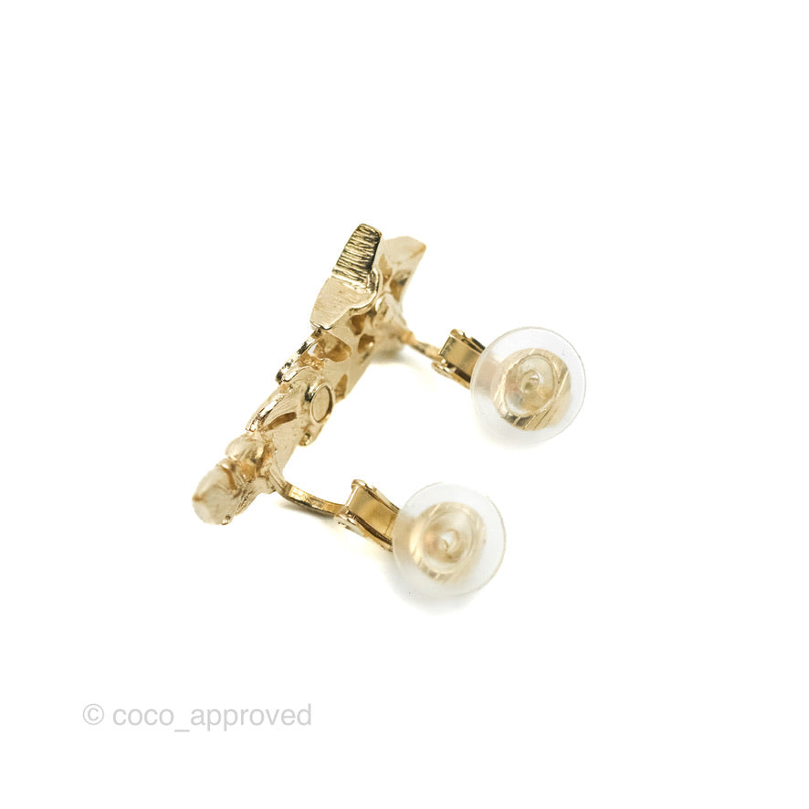 Chanel Resin Crystal Pearl Feather Star CC Clip On Earrings Gold 19K