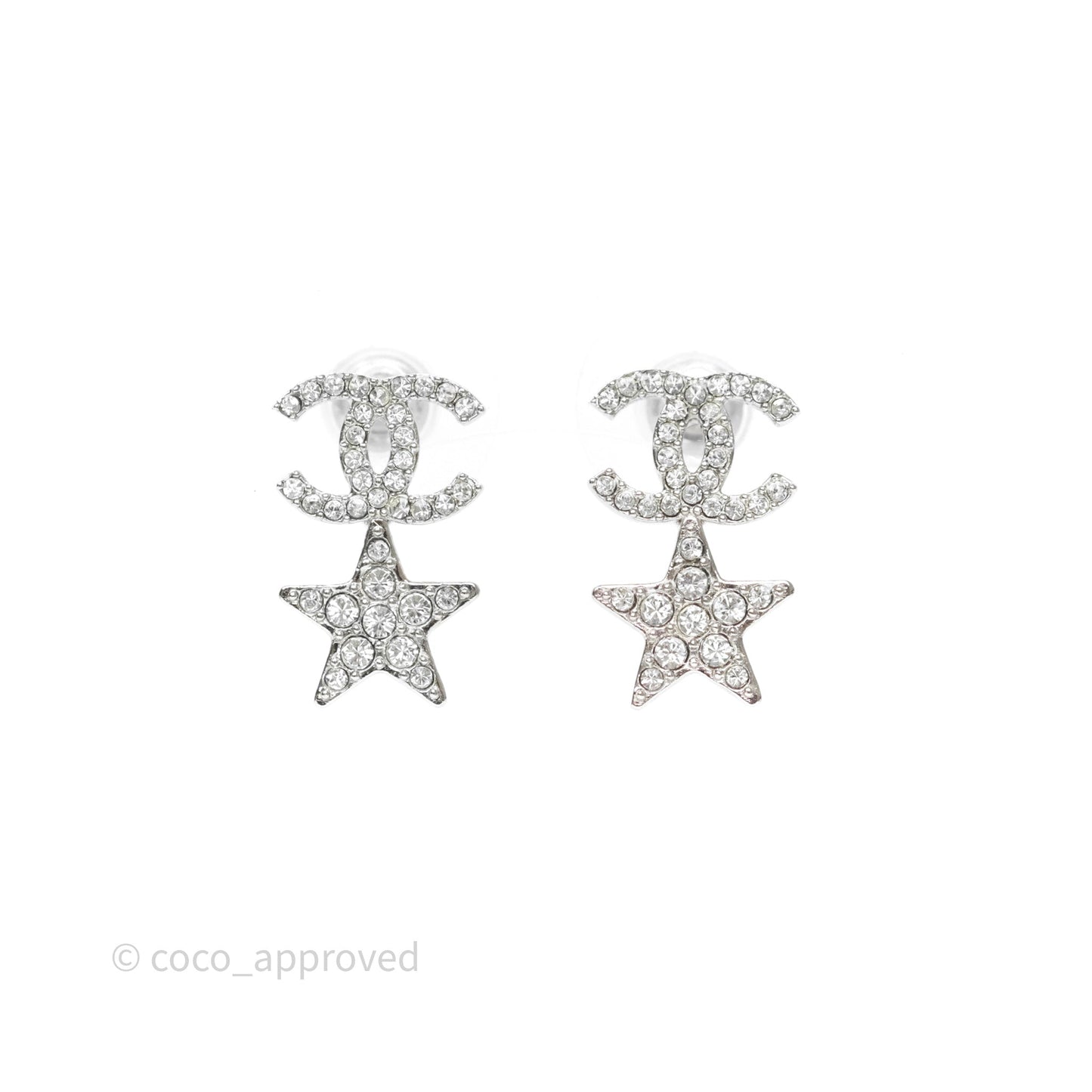 Chanel Crystal CC Star Earrings Silver Tone 20P