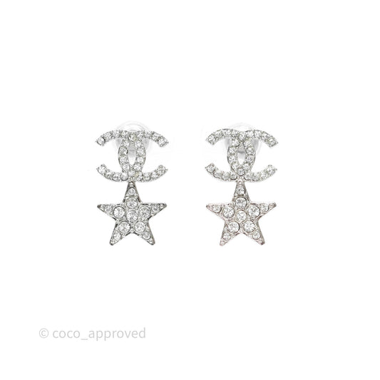 Chanel Crystal CC Star Earrings Silver Tone 20P