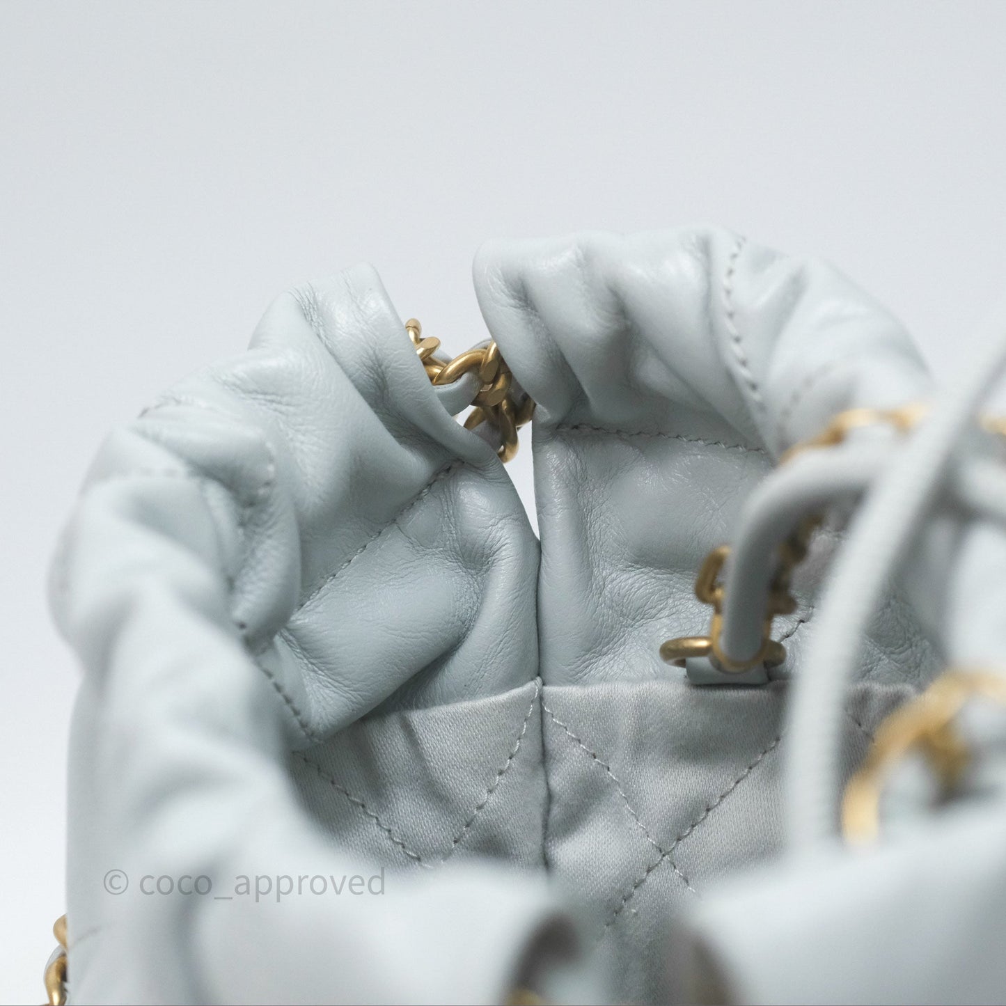 Chanel 22 Mini Bag Blue Grey Shiny Crumpled Calfskin Aged Gold Hardware