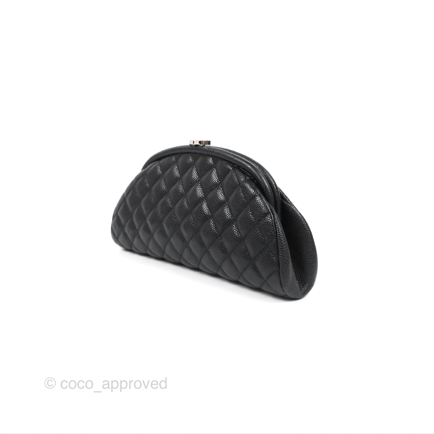Chanel Quilted Timeless Kisslock Clutch Black Caviar Silver Hardware
