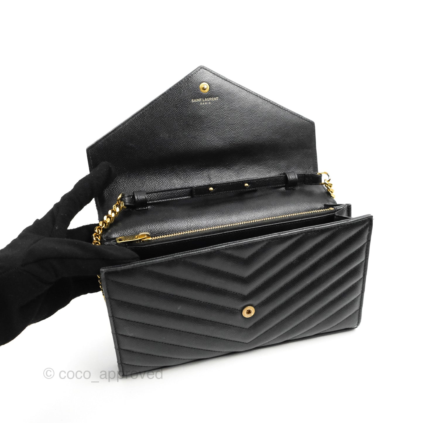Saint Laurent Wallet on Chain WOC Black Grained Leather Gold Hardware