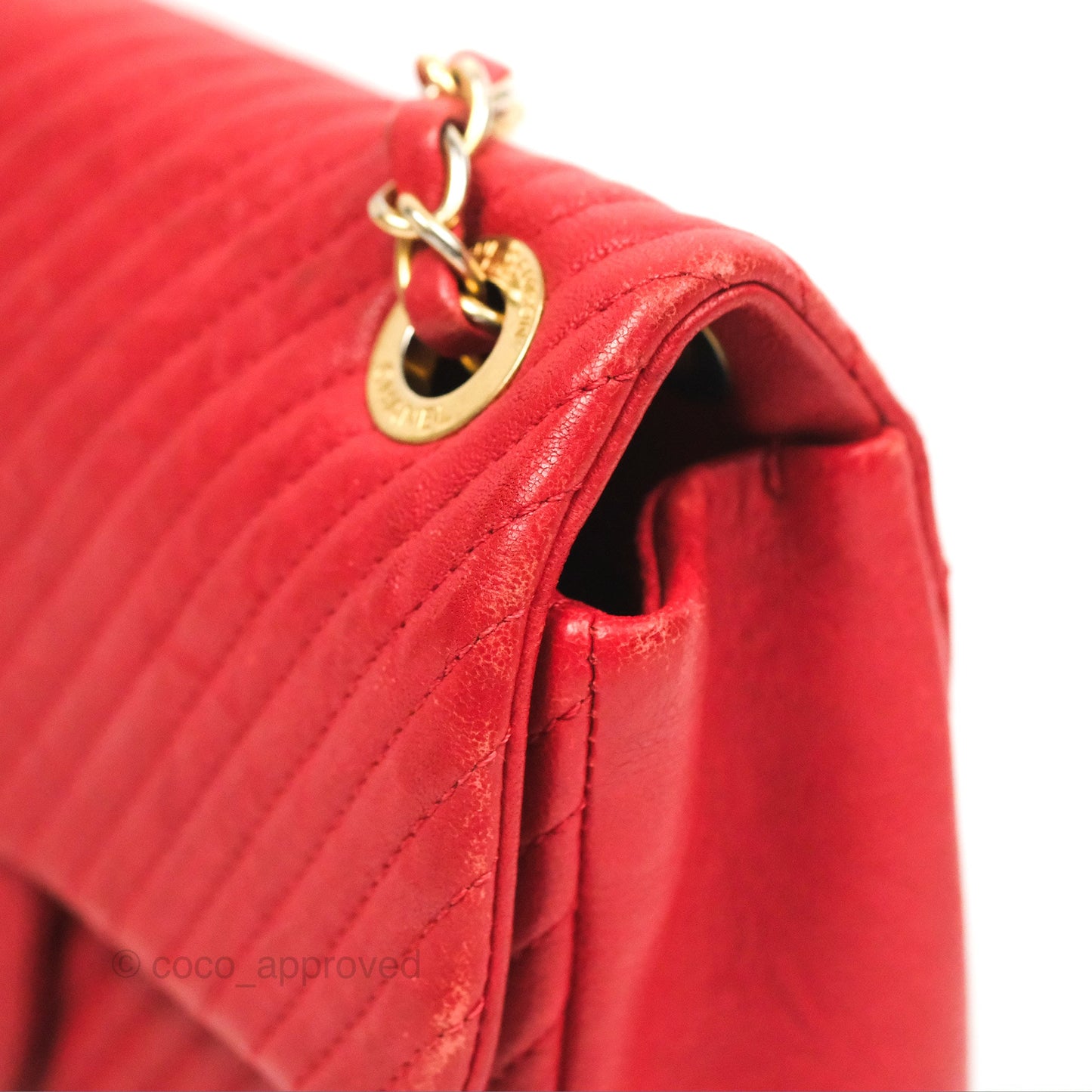 Chanel Small Chevron Surpique Flap Red Calfskin Aged Gold Hardware