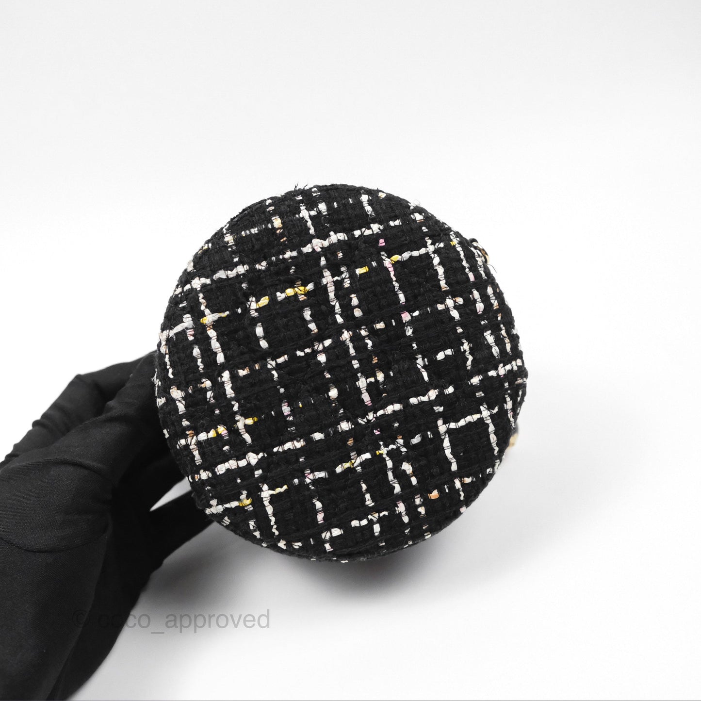Chanel Classic Quilted Round Clutch With Chain Black Tweed Gold Hardware
