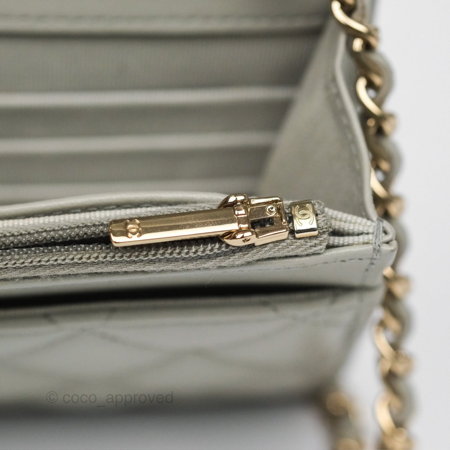 Chanel Classic Quilted Wallet on Chain WOC Light Grey Lambskin Gold Hardware
