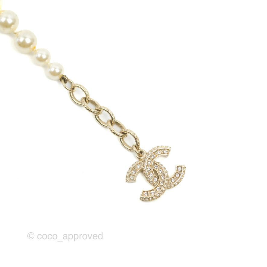 Chanel CC Crystal Pendant Pearl Bracelet Gold Tone 17V