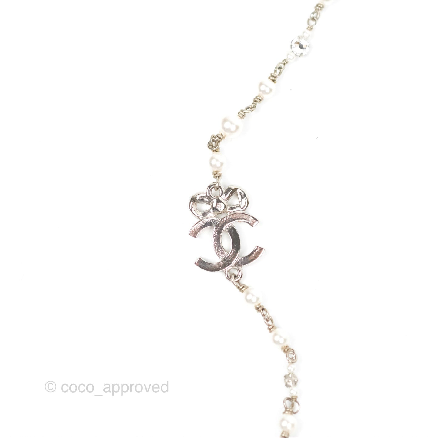 Chanel Ribbon Bow CC Crystal Pearl Chain Necklace Silver Tone 22B