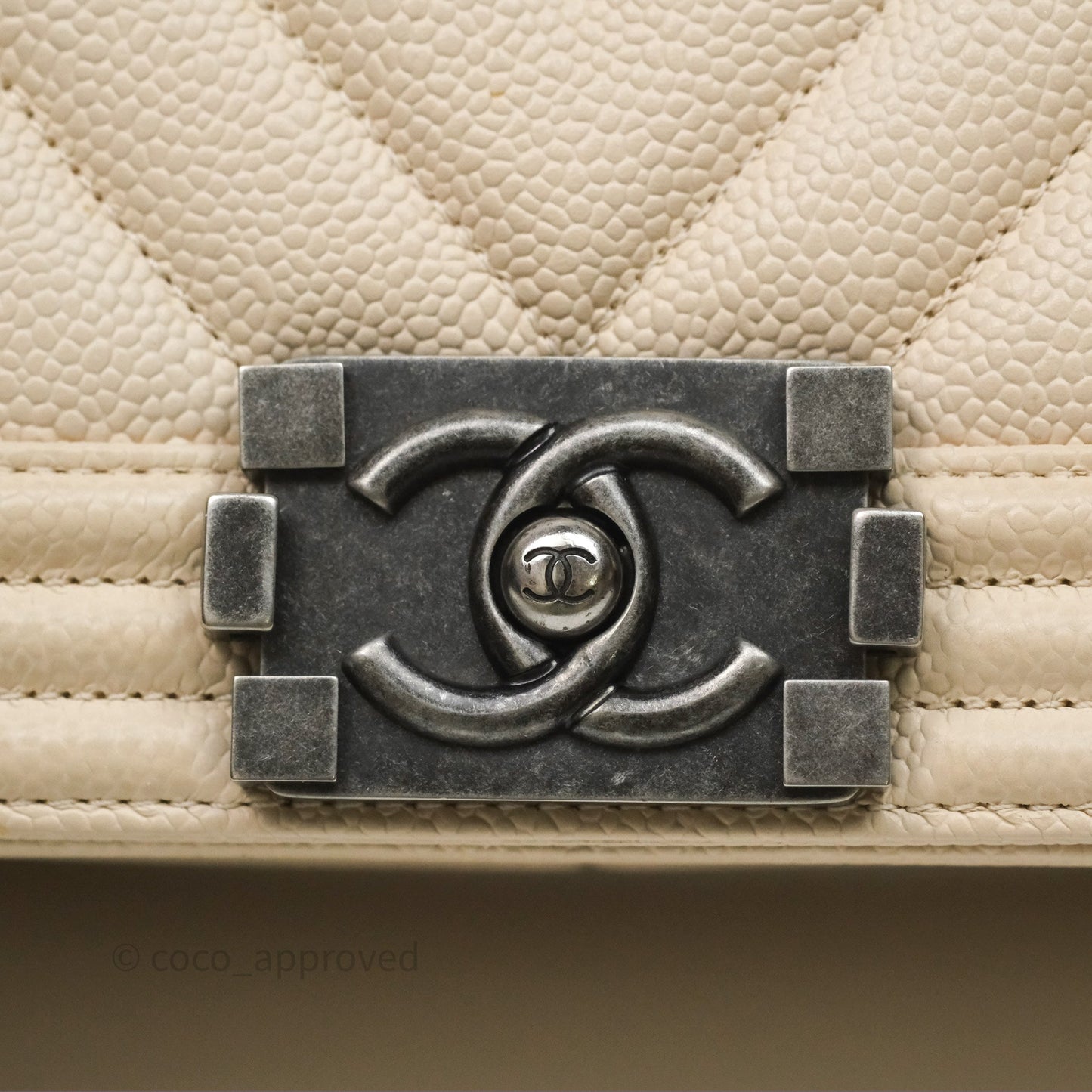 Chanel Medium Boy Chevron Beige Caviar Ruthenium Hardware