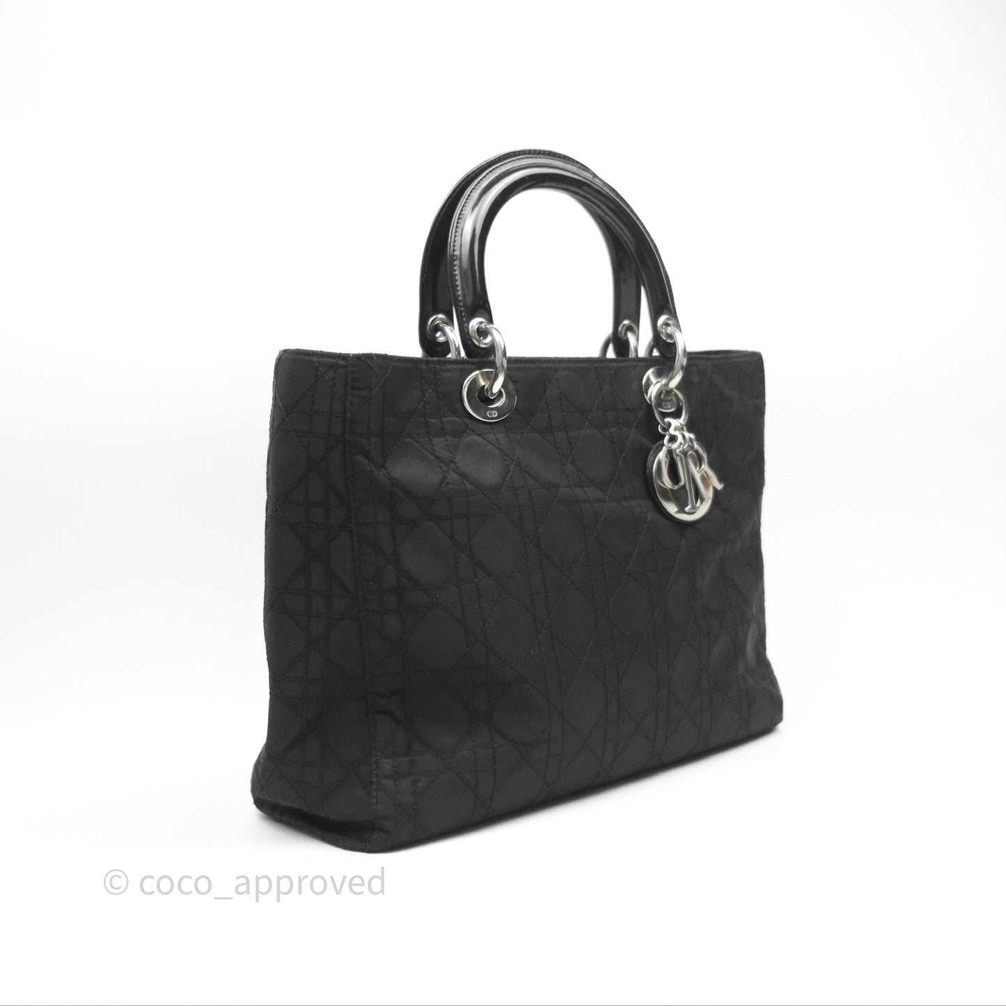 Christian Dior Vintage Large Lady Dior Cannage Fabric Black Silver Hardware