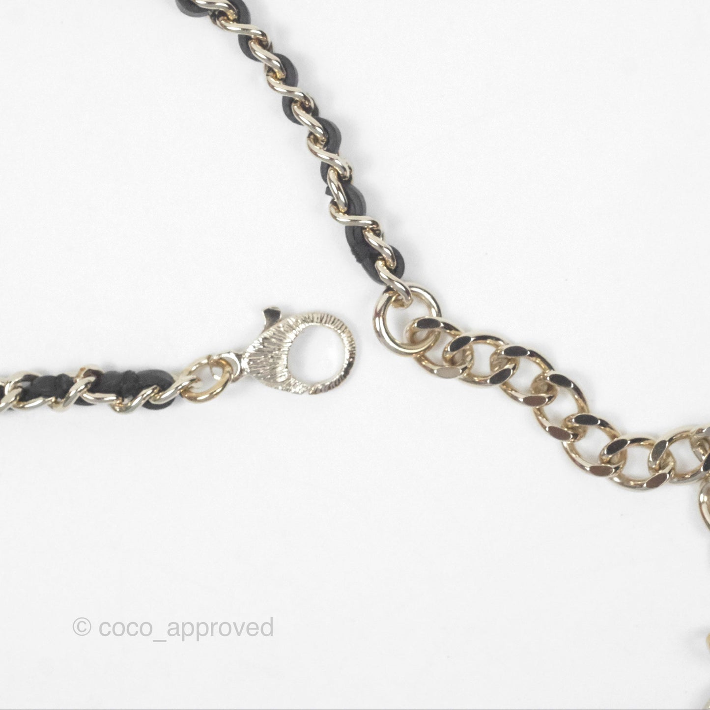 Chanel Crystal CC Pearl Braided Black Leather Drop Necklace Gold Tone 21B