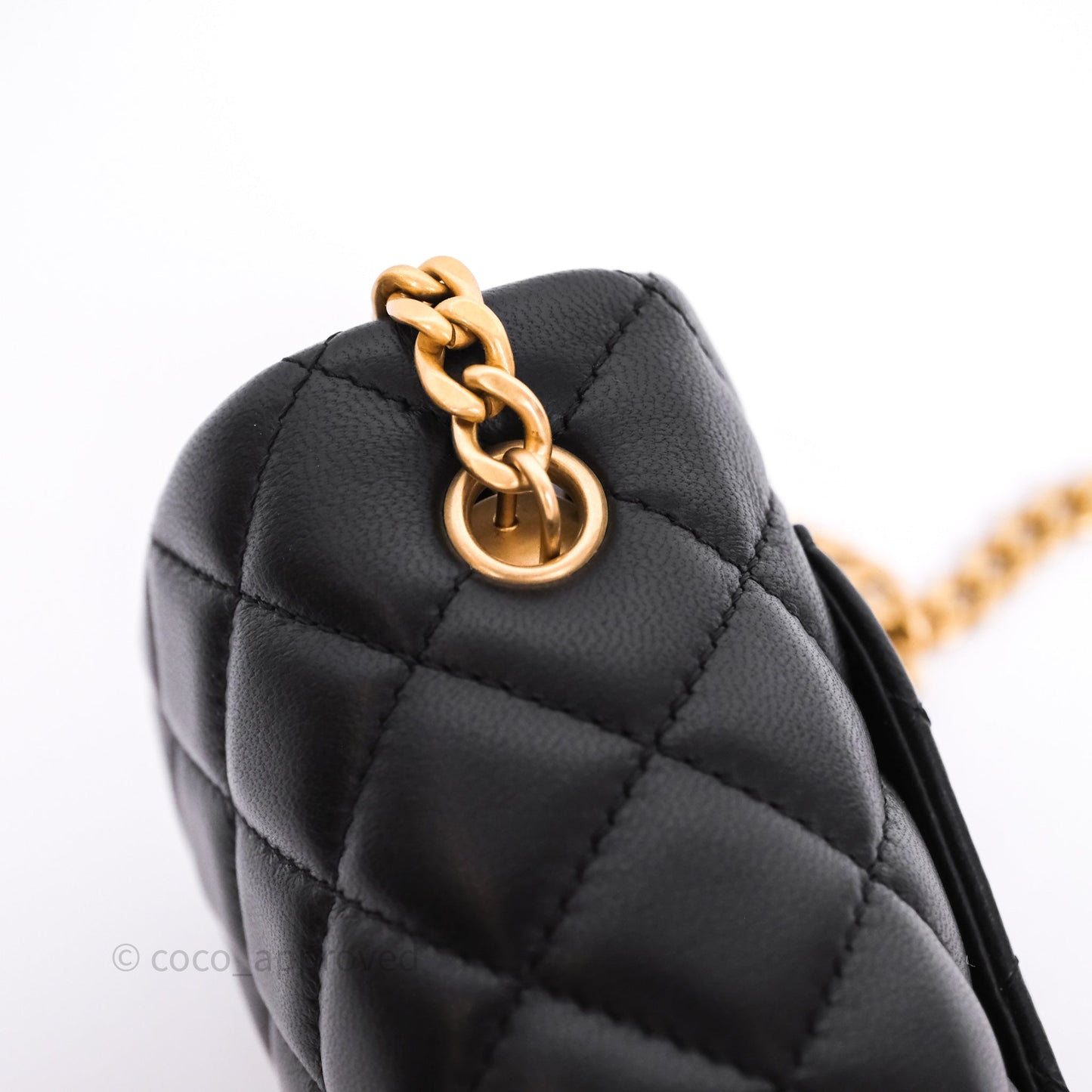 Chanel Mini Rectangular Flap with Camellia Adjustable Chain Black Lambskin Aged Gold Hardware