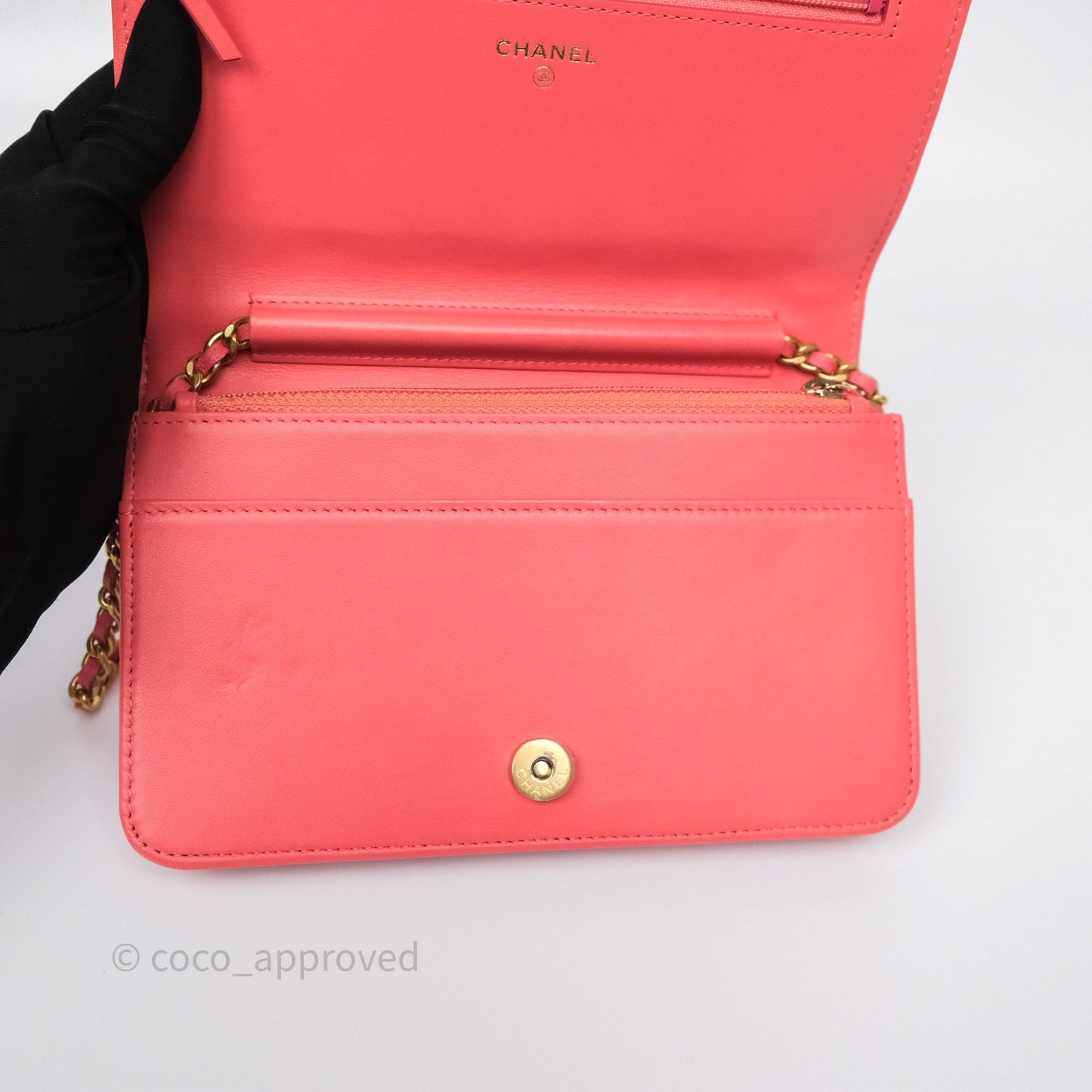 Chanel Boy Wallet on Chain WOC Quilted Dark Pink Caviar Aged Gold Hardware