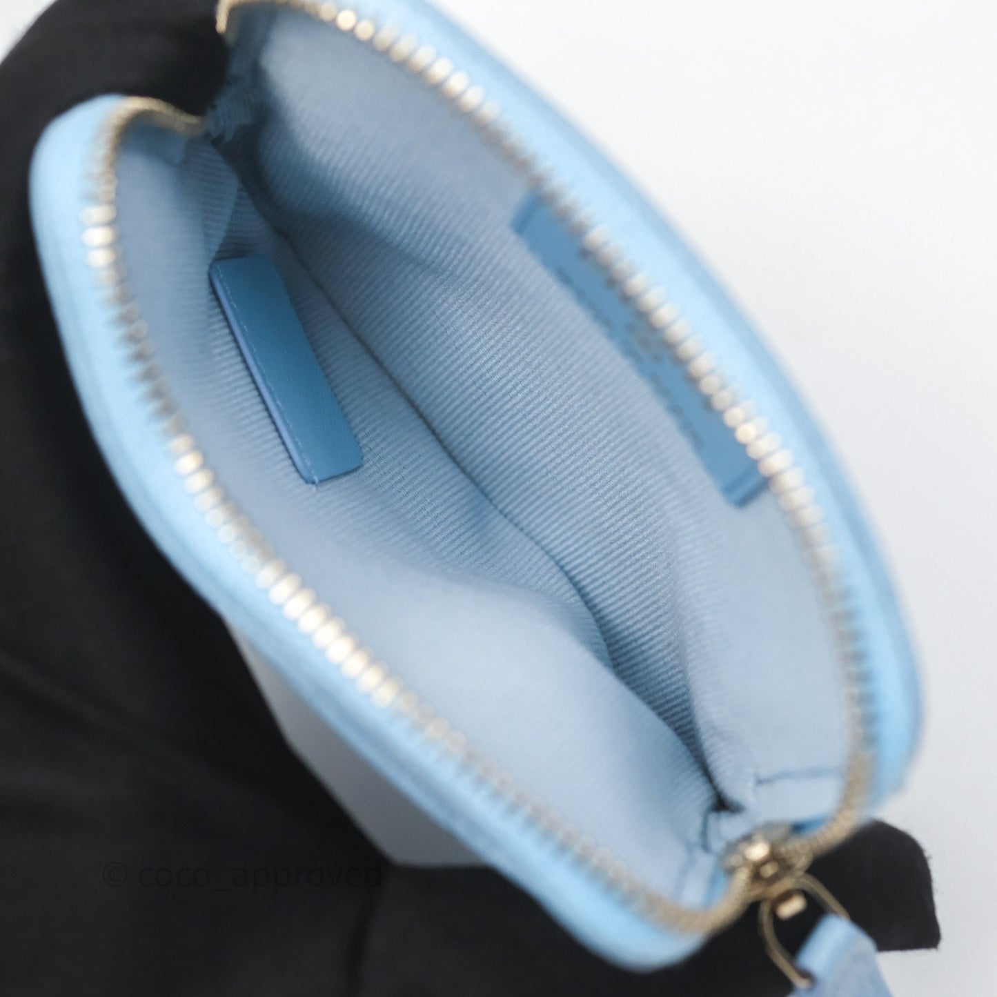 Chanel Quilted Crystal CC Zip Card Holder Wallet Light Blue Caviar Gold Hardware