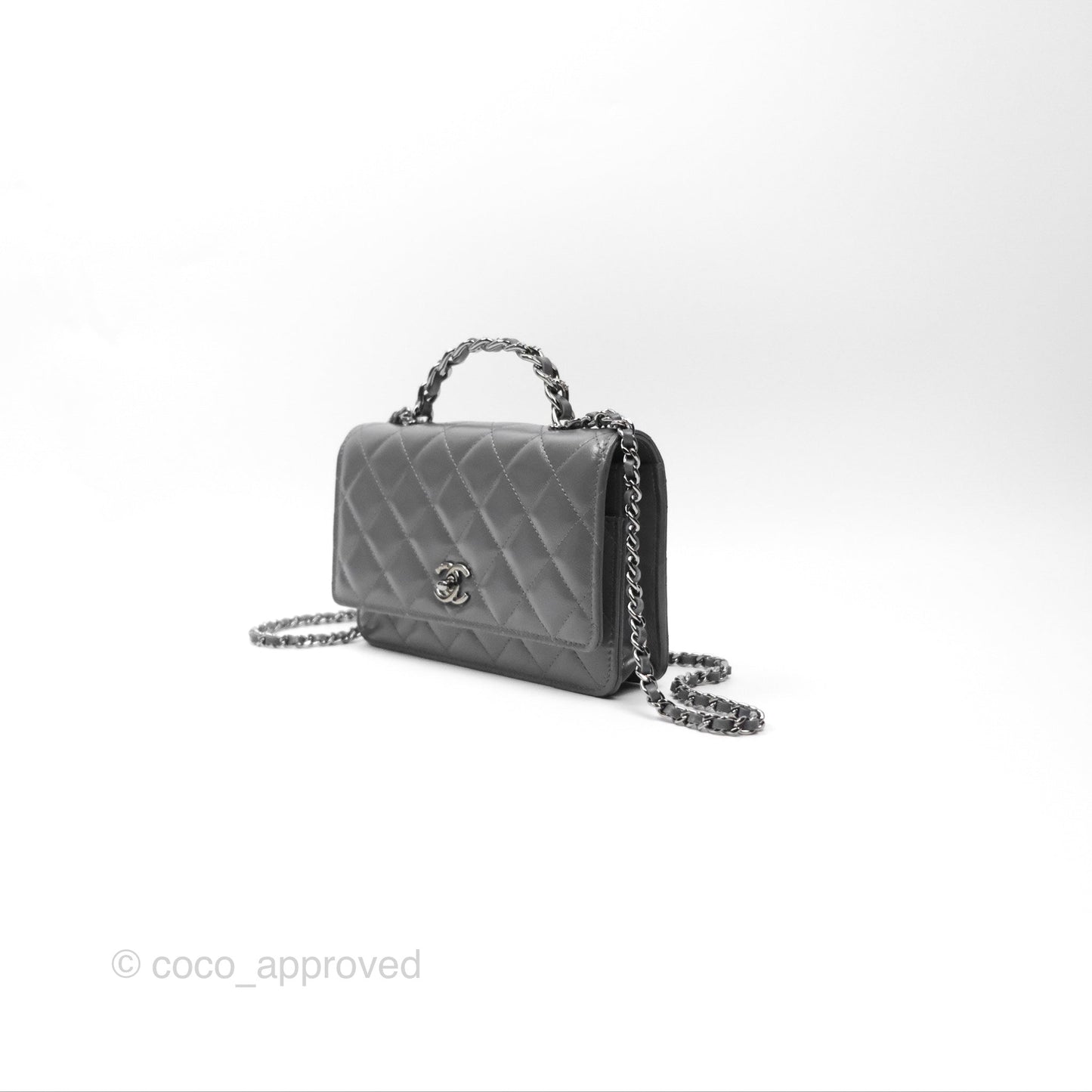 Chanel Top Handle Wallet On Chain WOC Dark Grey Calfskin Gun Metal 23K