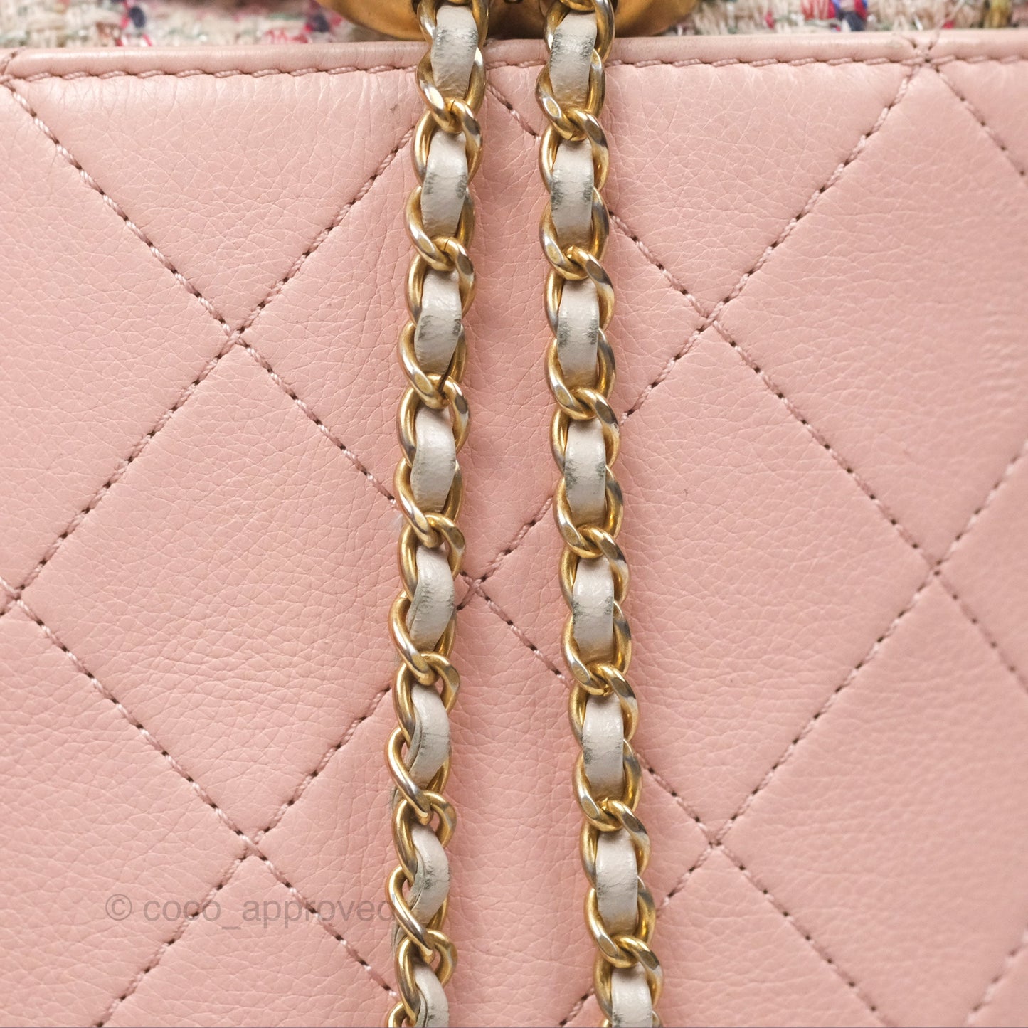 Chanel Quilted Top Handle Drawstring Bucket Bag Calfskin Tweed Pink Aged Gold Hardware