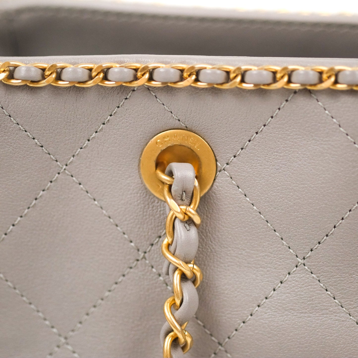 Chanel Small Chain Around Shopping Tote Grey Calfskin Aged Gold Hardware