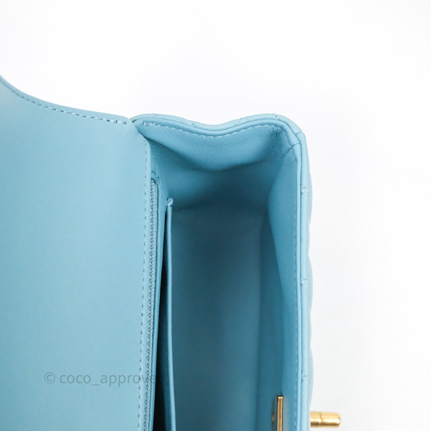 Chanel Flap Bag with Crystal Logo Top Handle Tiffany Blue Lambskin Aged Gold Hardware