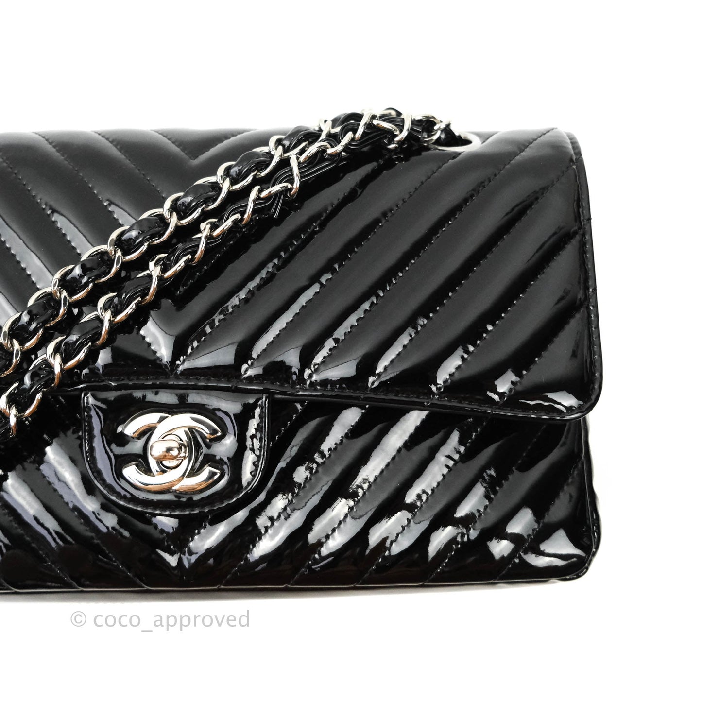 Chanel Classic Chevron M/L Medium Double Flap Black Patent Silver Hardware