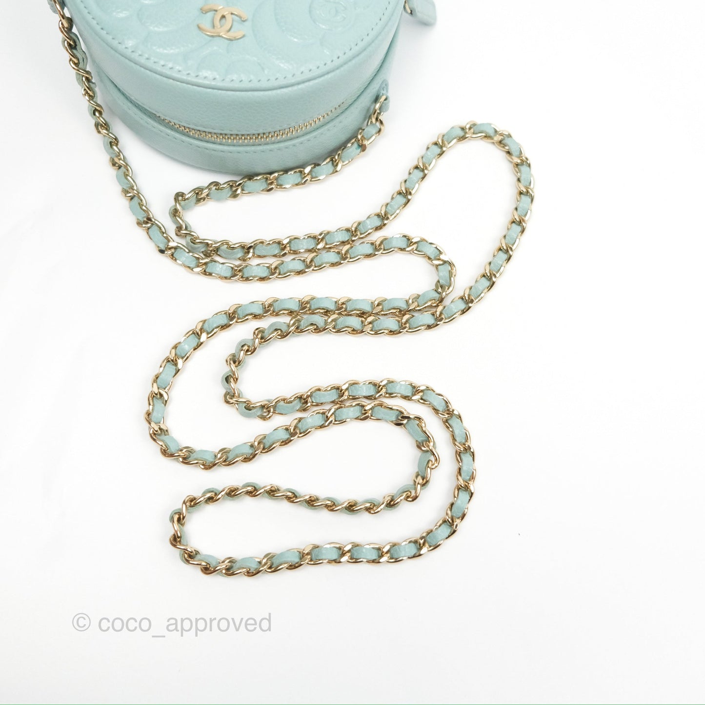 Chanel Camellia Embossed Round Clutch With Chain Light Tiffany Blue Caviar