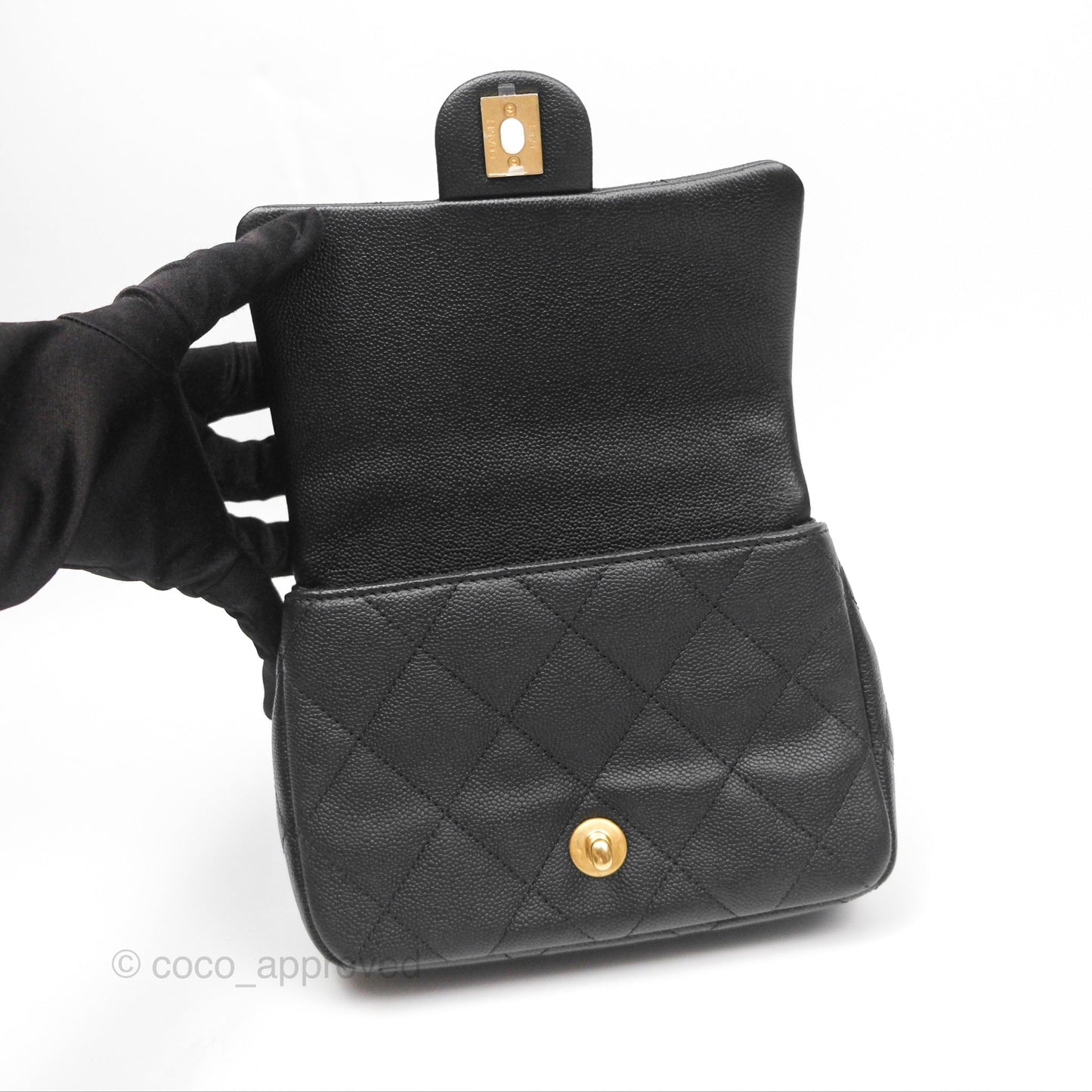 Chanel Mini Flap Bag Heart Adjustable Chain Black Caviar Aged Gold Hardware