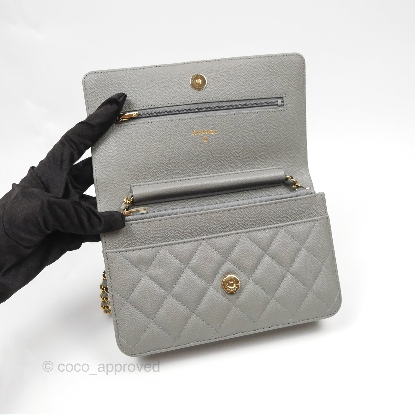 Chanel Classic Wallet on Chain WOC Quilted Grey Caviar Gold Hardware