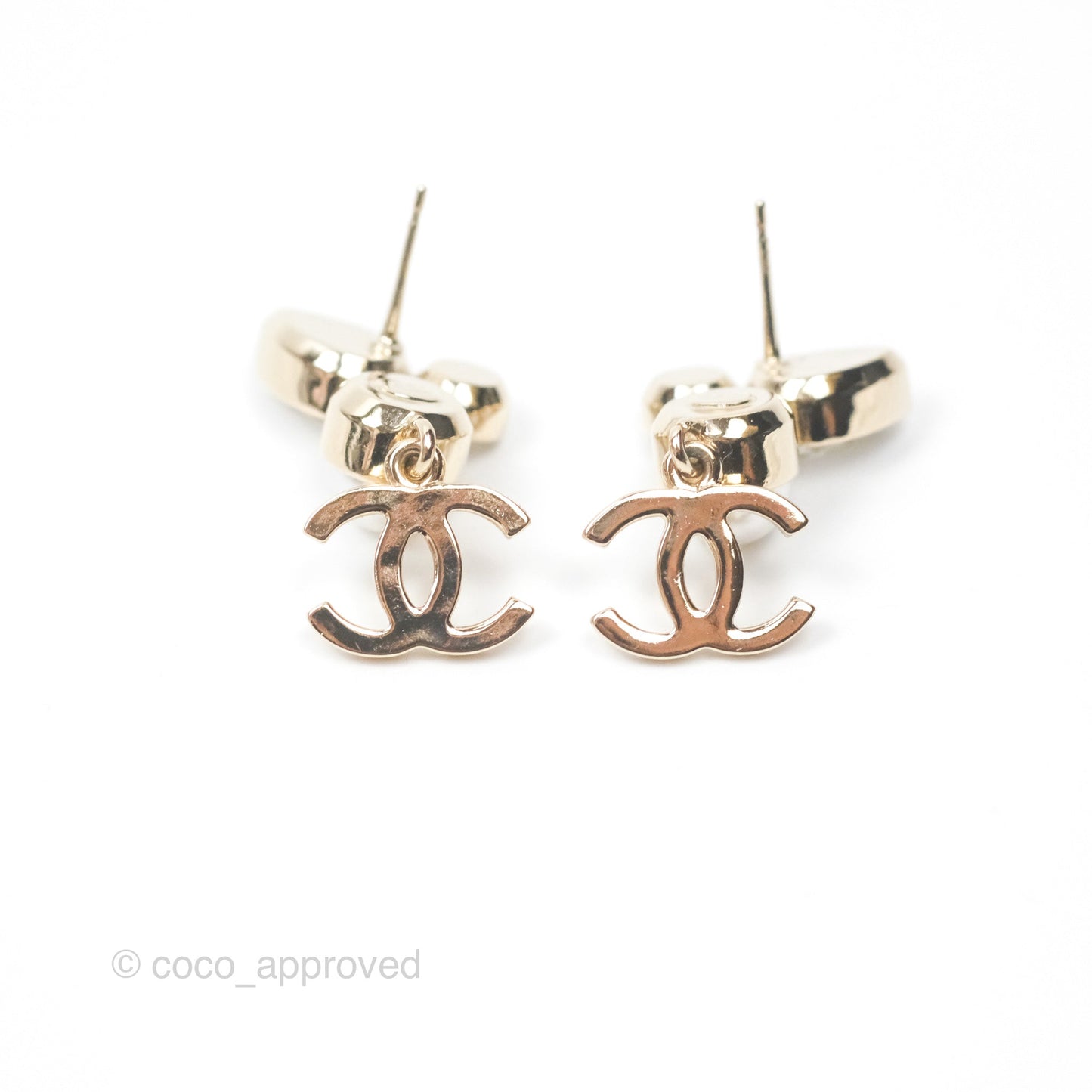 Chanel Rhinestone Pearl CC Drop Earrings Gold Tone 22C