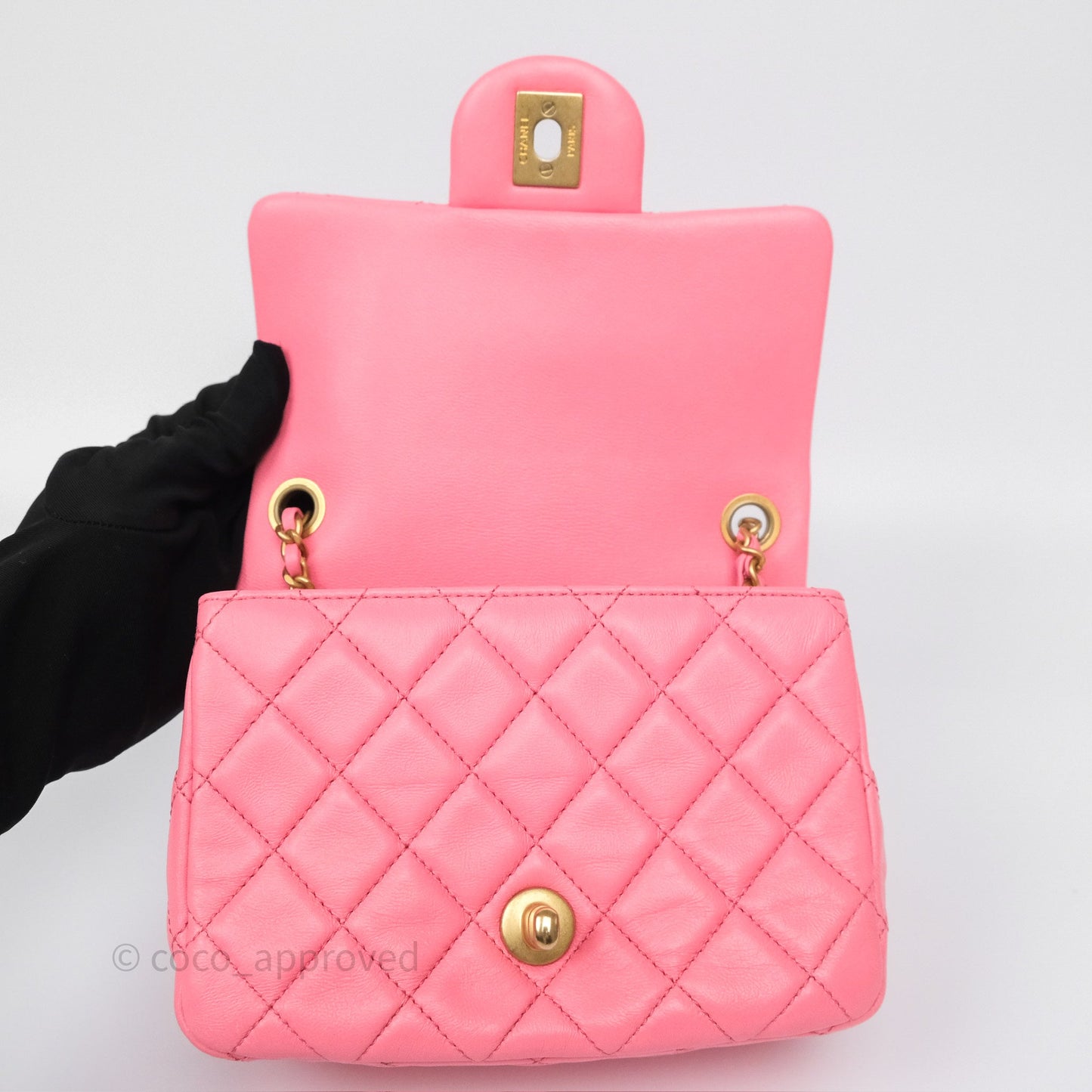 Chanel Pearl Crush Mini Square Quilted Pink Lambskin Aged Gold Hardware