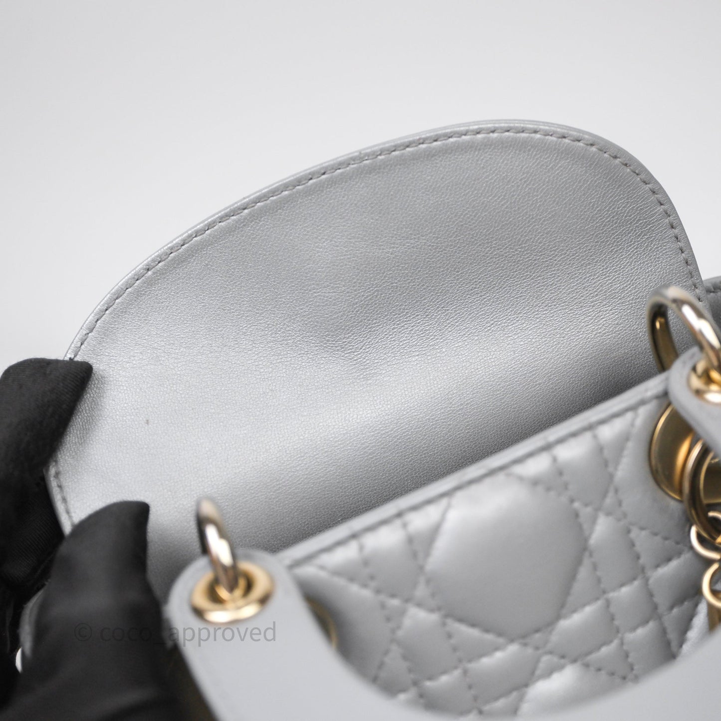 Christian Dior Mini Lady Dior Iridescent Grey Lambskin Cannage Gold Hardware