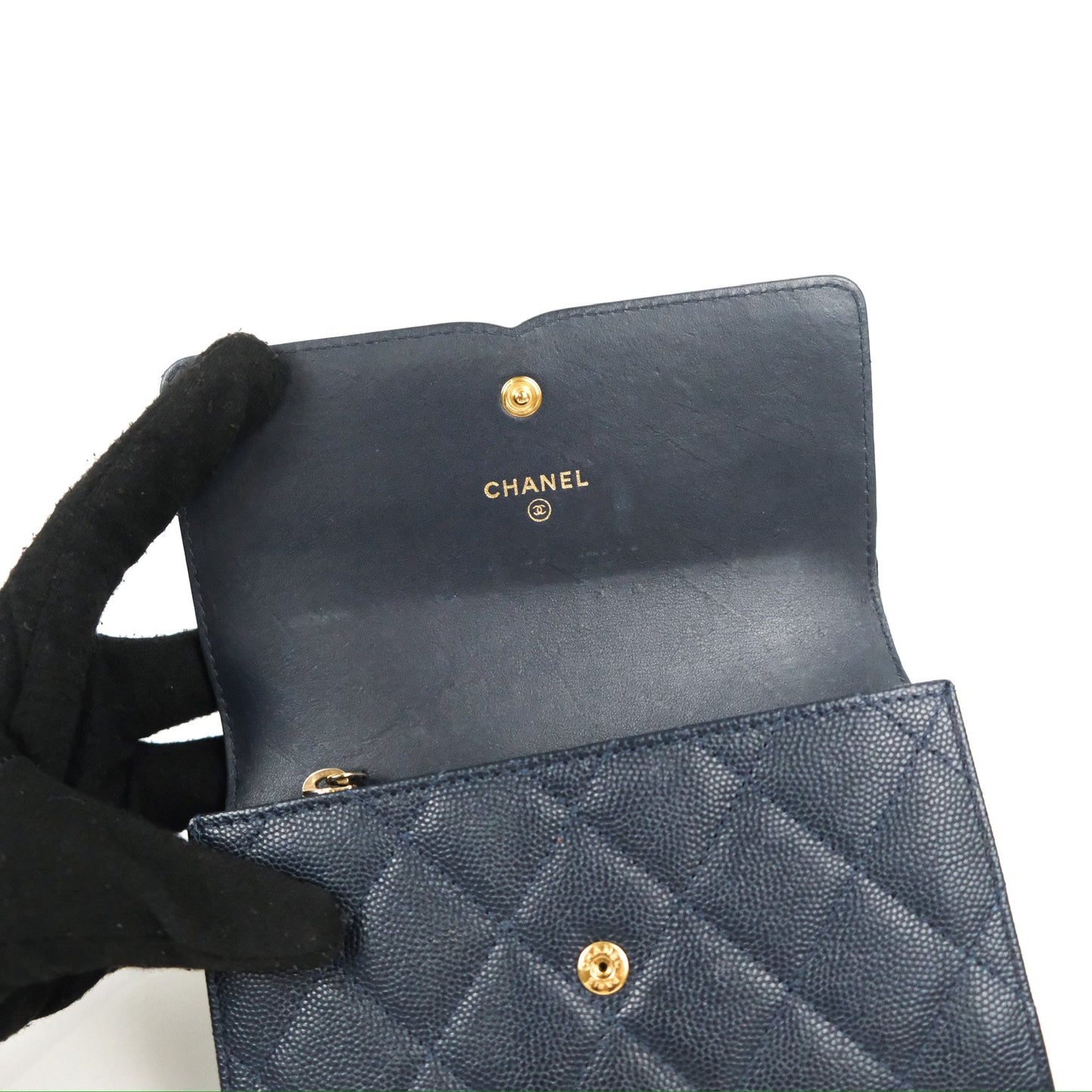 Chanel CC Filigree Small Flap Wallet Navy Caviar Gold Hardware