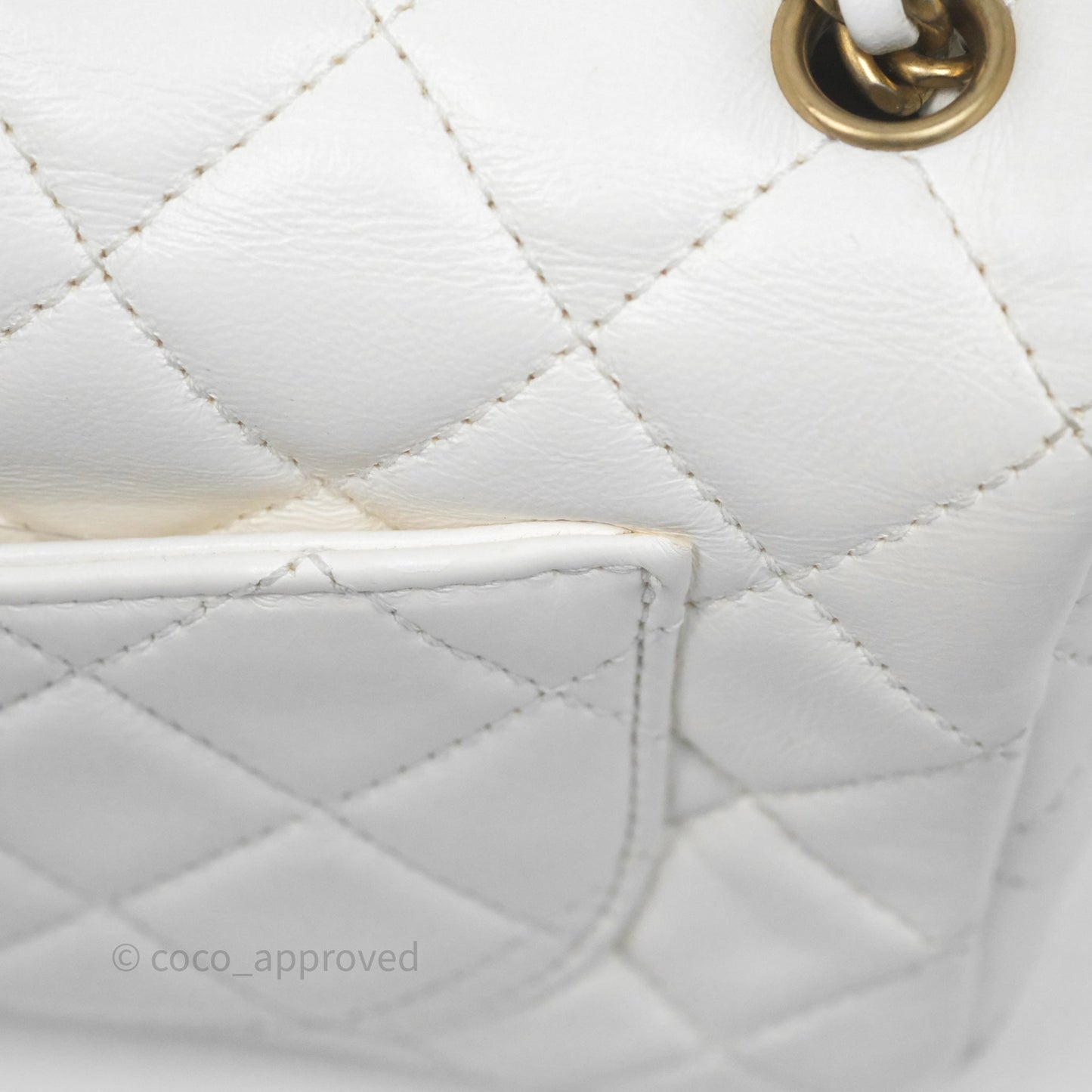 Chanel Mini Rectangular Pearl Crush Quilted White Lambskin Aged Gold Hardware