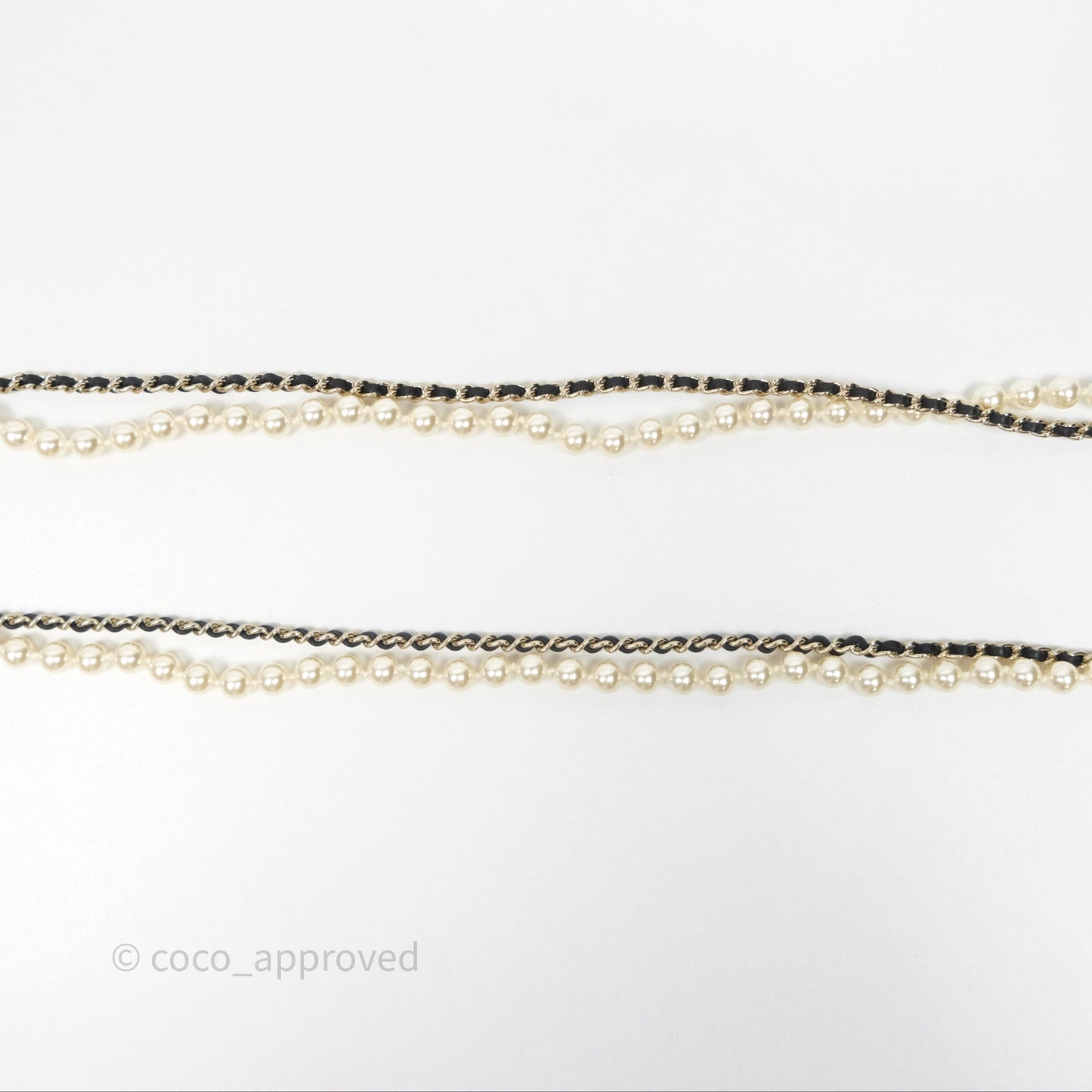 Chanel Flap Bag Charm Pearl Chain Black Leather Long Necklace Gold Tone 21S