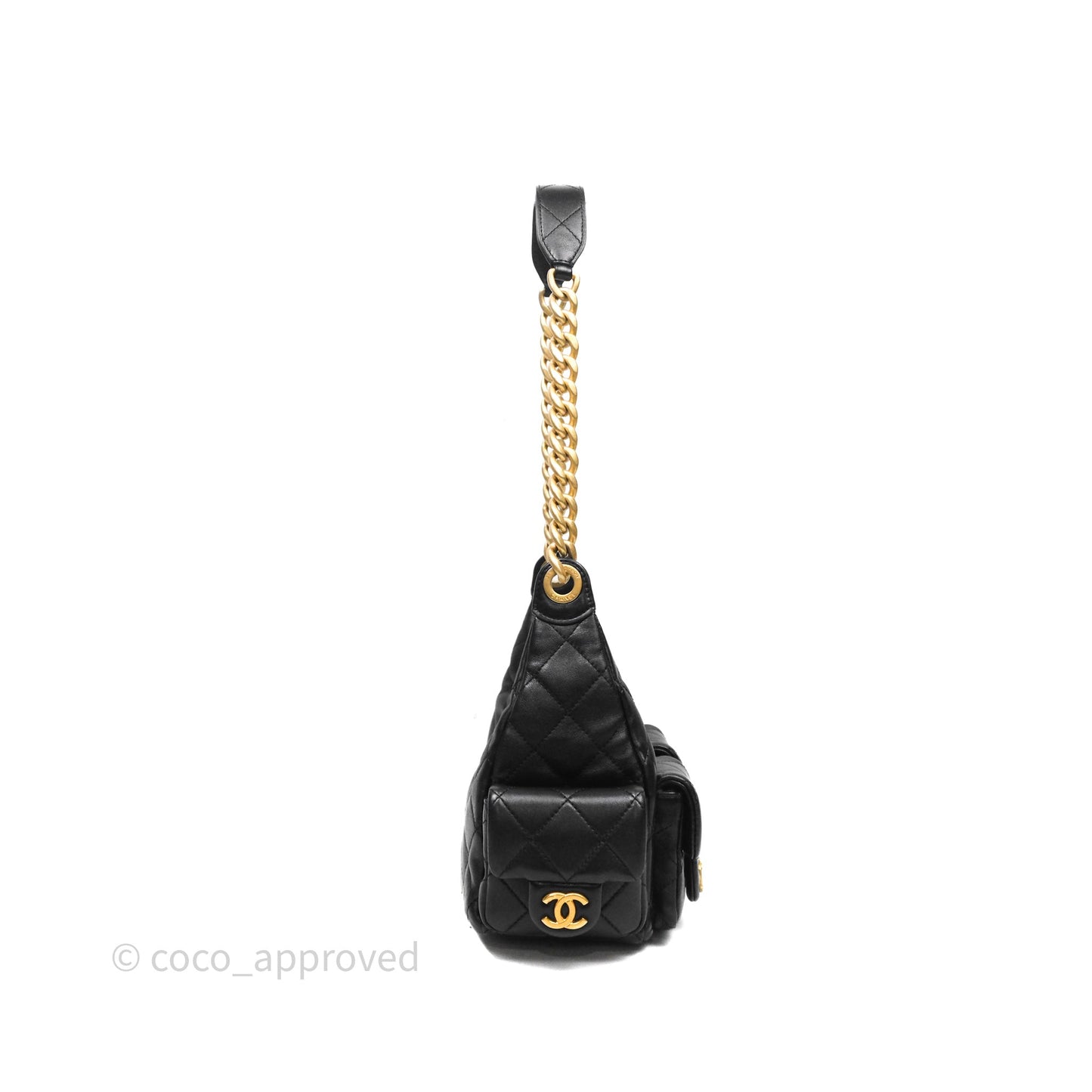 Chanel Small Quilted Trendy Double Pocket Hobo Black Lambskin Gold Hardware