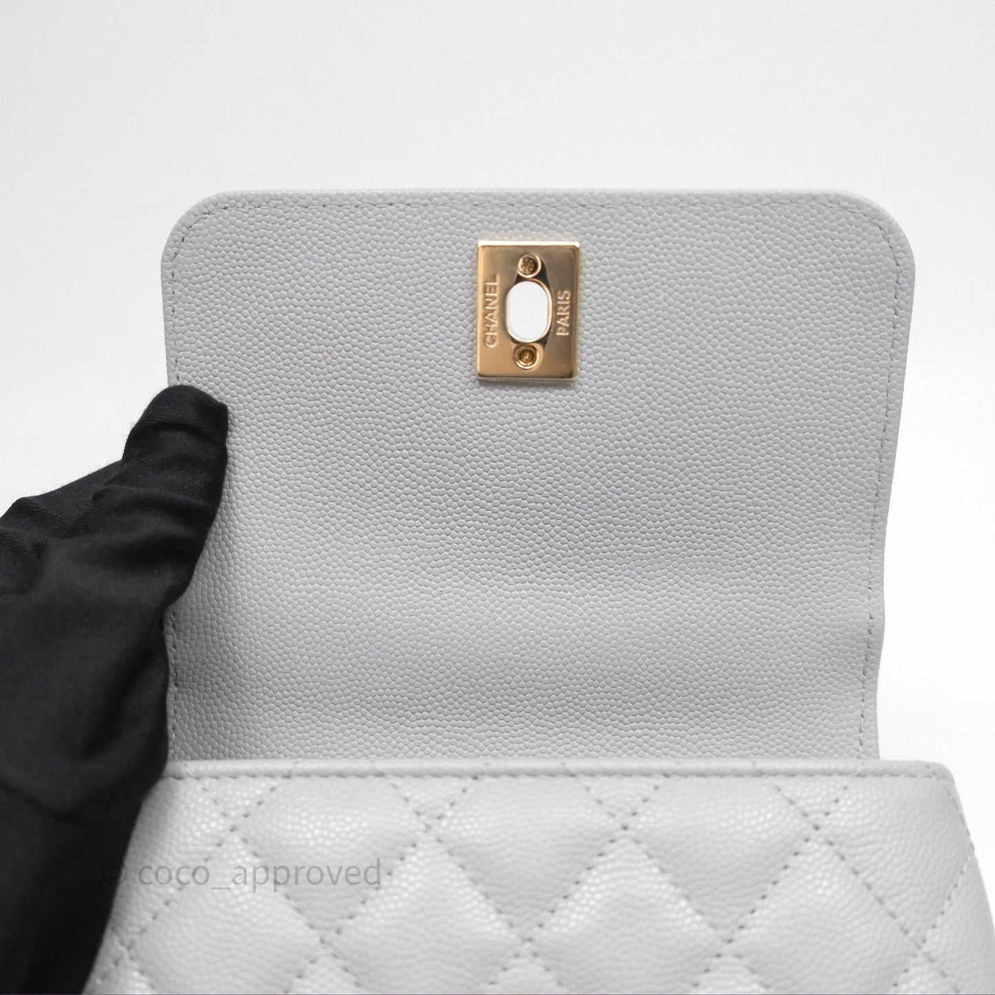 Chanel Coco Handle Clutch with Chain Quilted Light Grey Caviar Gold Hardware