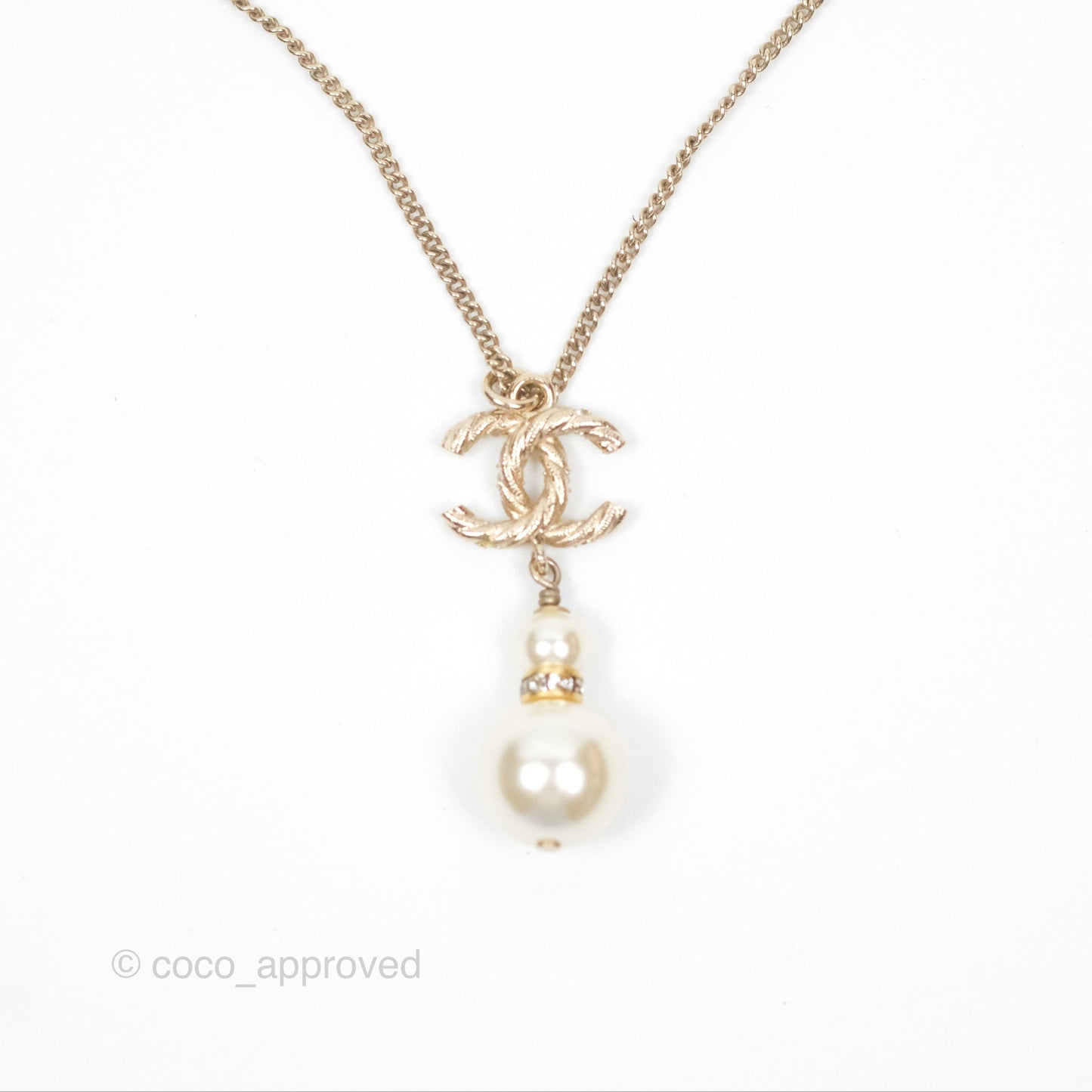 Chanel Crystal Pearl CC Drop Necklace Gold Tone 18B