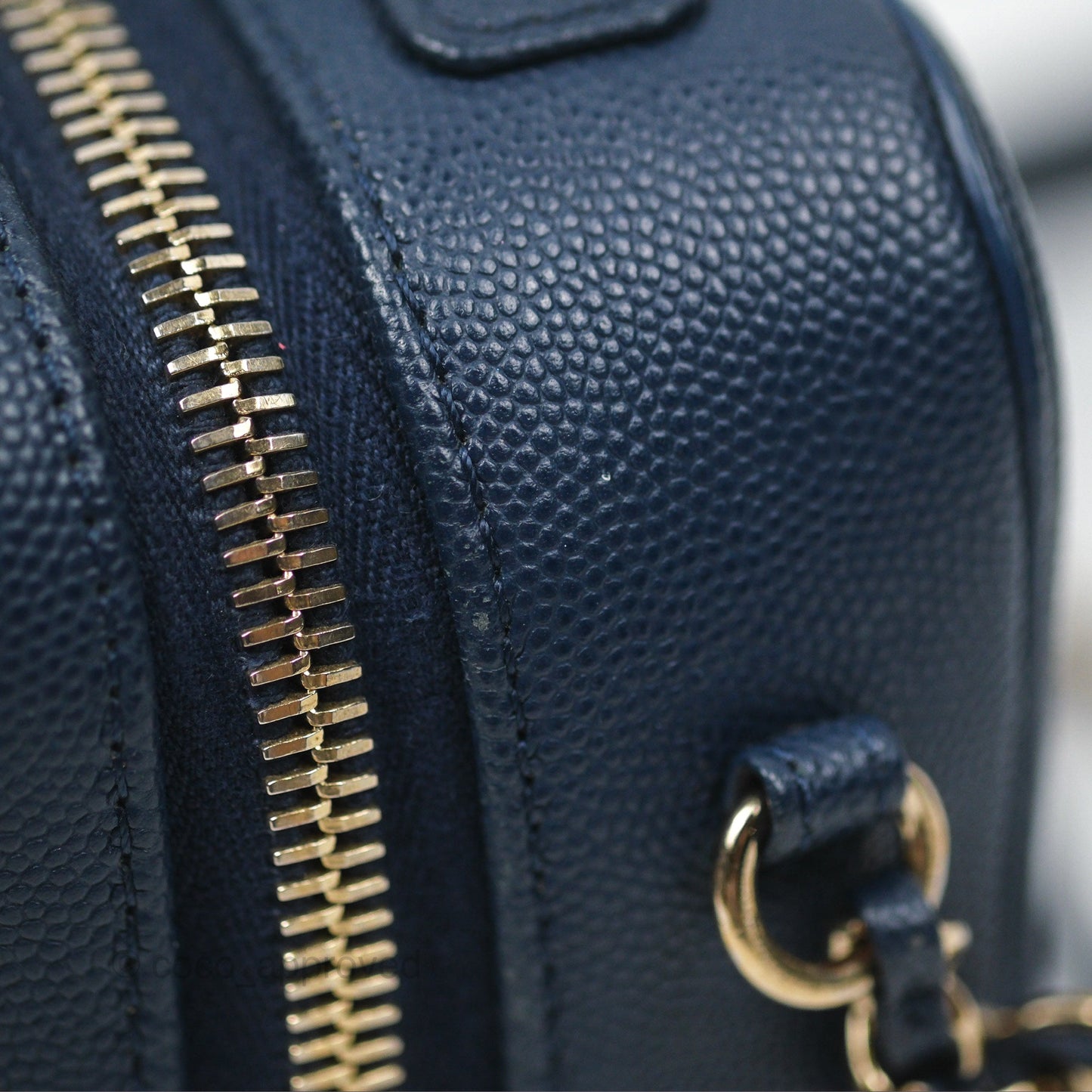 Chanel Quilted Small CC Filigree Vanity Case Navy Caviar Gold Hardware