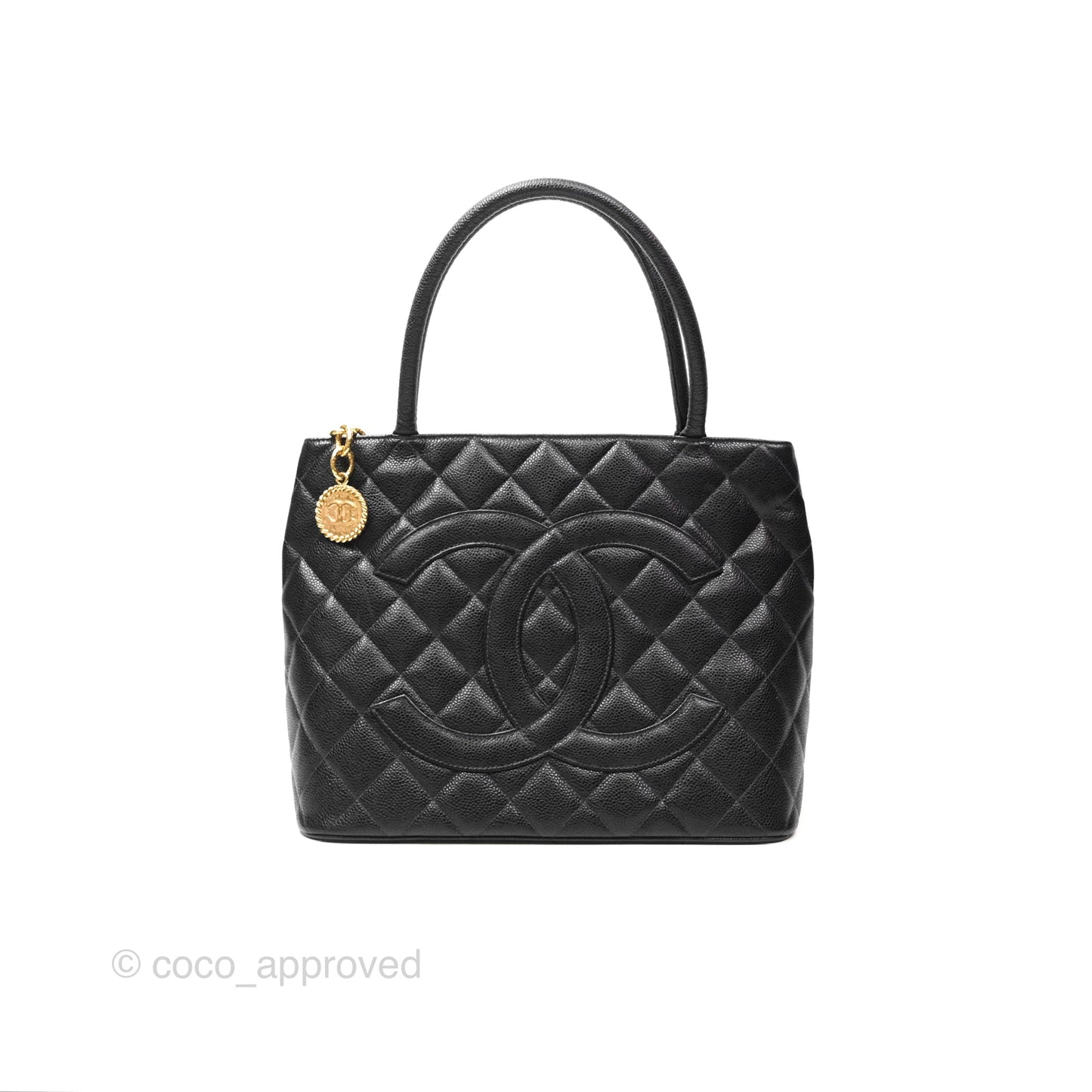 Chanel Vintage Medallion CC Black Caviar Tote Bag Gold Hardware